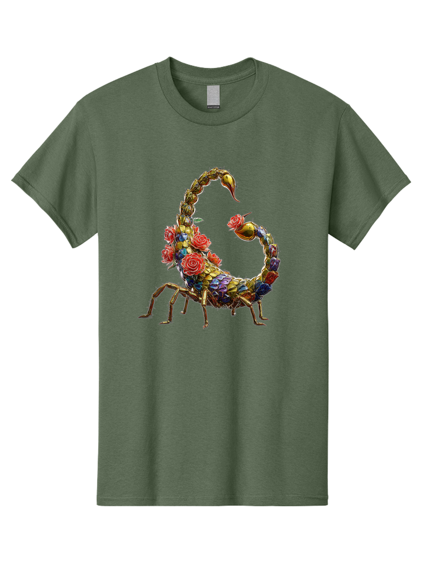 Floral-Scorpion Men'S Graphic Tee, 100% Cotton, Comfortable Casual Summer Wear, Machine Washable, Scorpion Adorned With Flowers, Floral Pattern, Red Roses, Blue Flowers, Gold Accents, Ornate Design, Symbolic Representation, Mystical Creature, Bae179