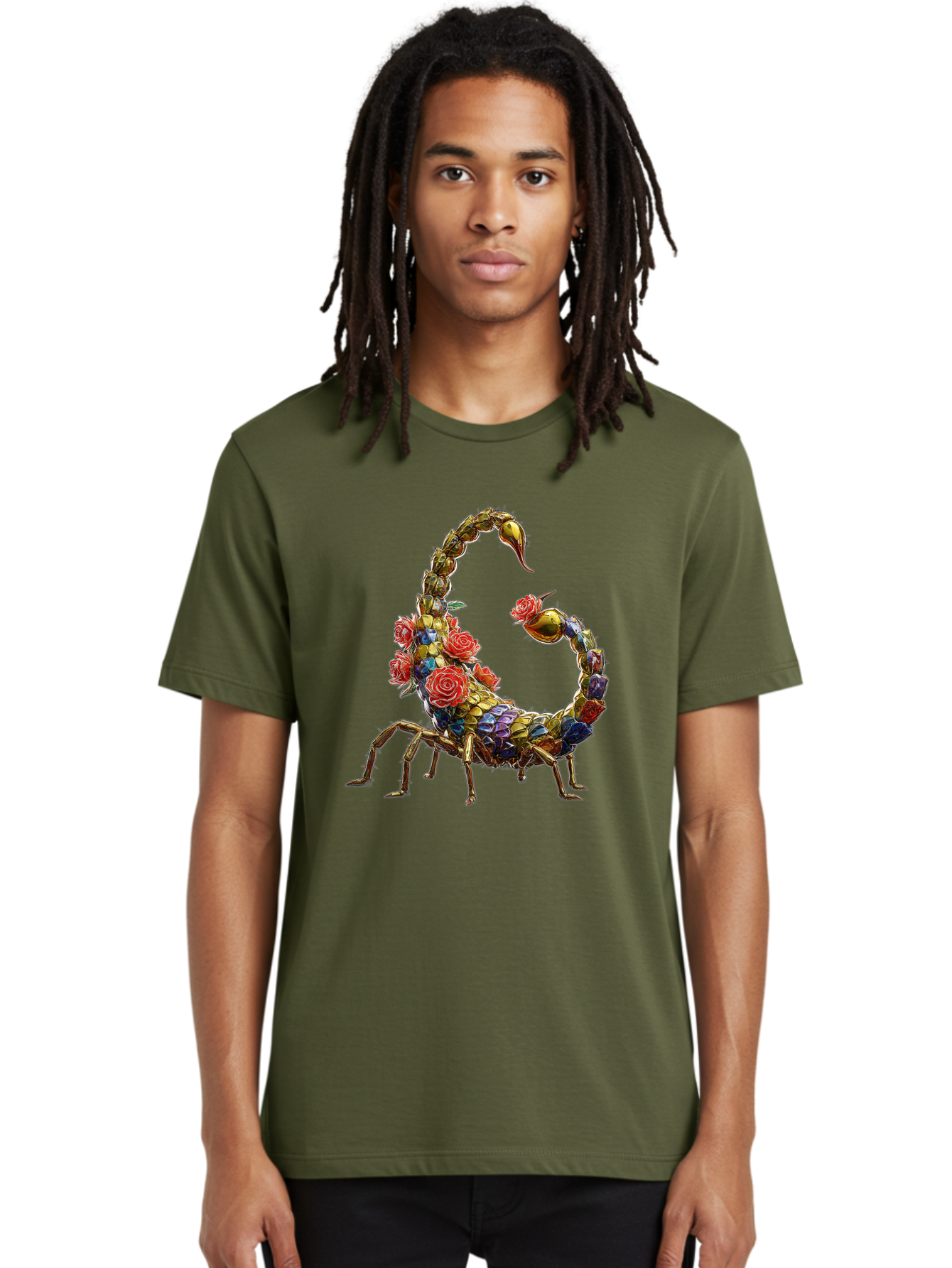 Floral-Scorpion Men'S Graphic Tee, 100% Cotton, Comfortable Casual Summer Wear, Machine Washable, Scorpion Adorned With Flowers, Floral Pattern, Red Roses, Blue Flowers, Gold Accents, Ornate Design, Symbolic Representation, Mystical Creature, Bae179