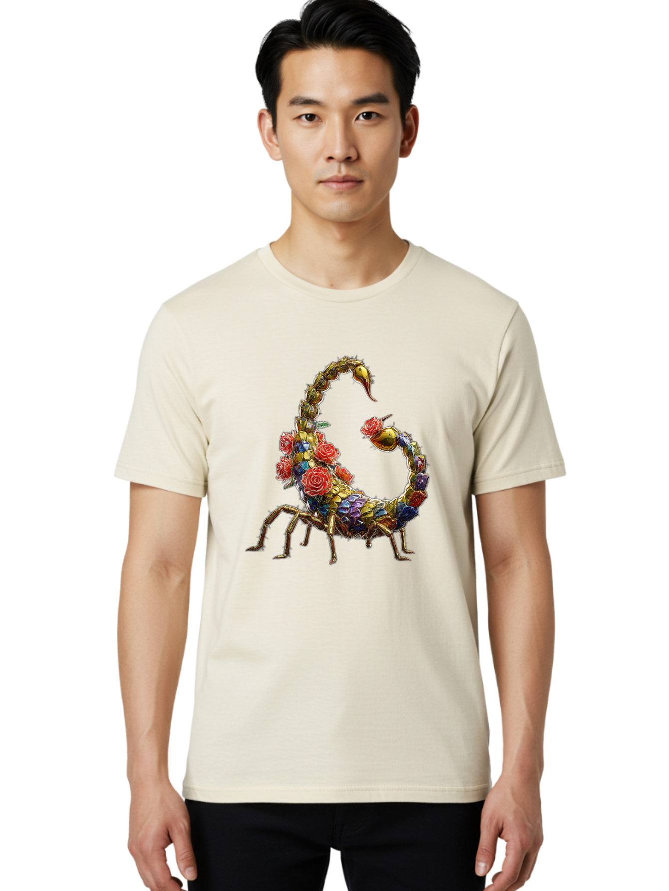 Floral-Scorpion Men'S Graphic Tee, 100% Cotton, Comfortable Casual Summer Wear, Machine Washable, Scorpion Adorned With Flowers, Floral Pattern, Red Roses, Blue Flowers, Gold Accents, Ornate Design, Symbolic Representation, Mystical Creature, Bae179