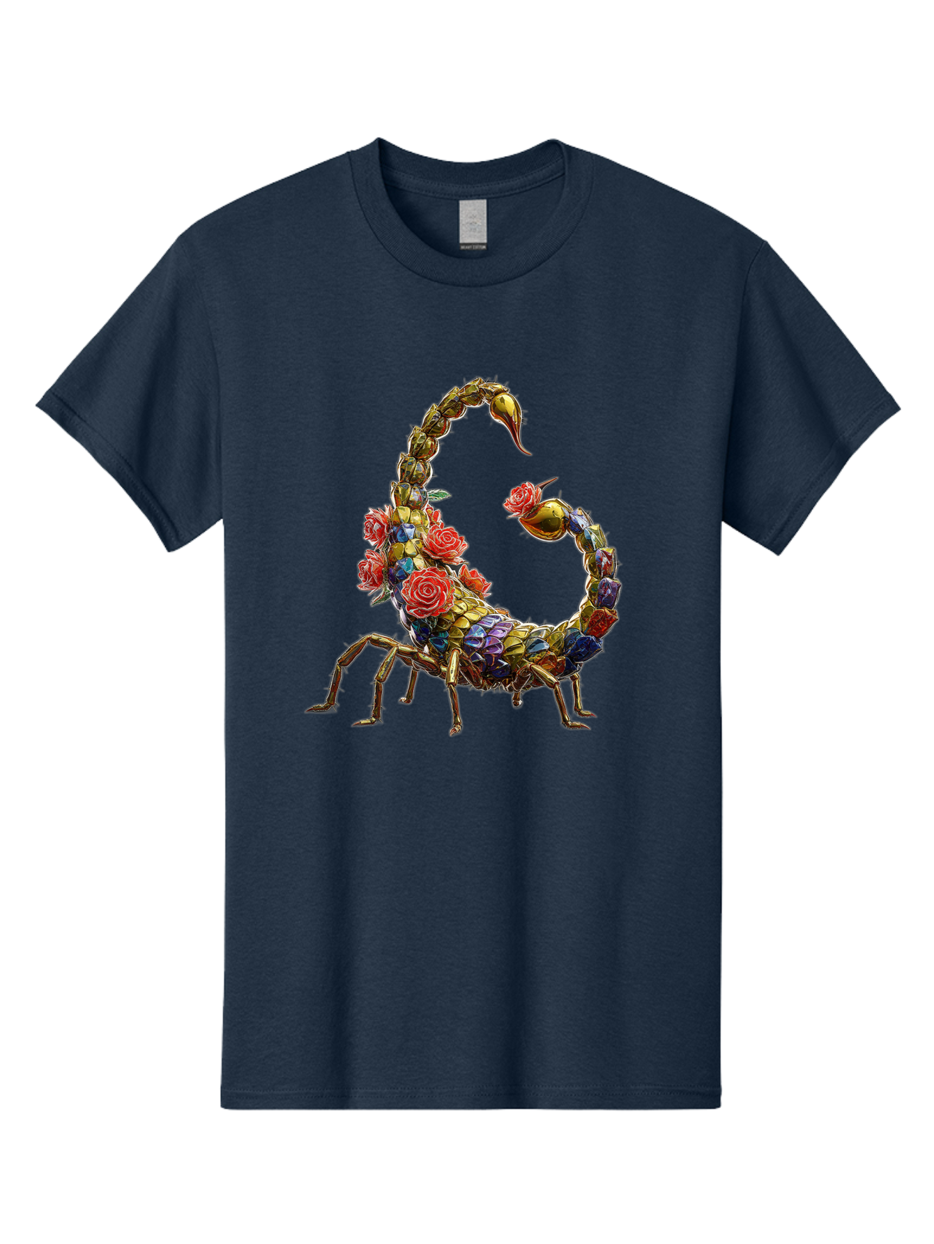 Floral-Scorpion Men'S Graphic Tee, 100% Cotton, Comfortable Casual Summer Wear, Machine Washable, Scorpion Adorned With Flowers, Floral Pattern, Red Roses, Blue Flowers, Gold Accents, Ornate Design, Symbolic Representation, Mystical Creature, Bae179