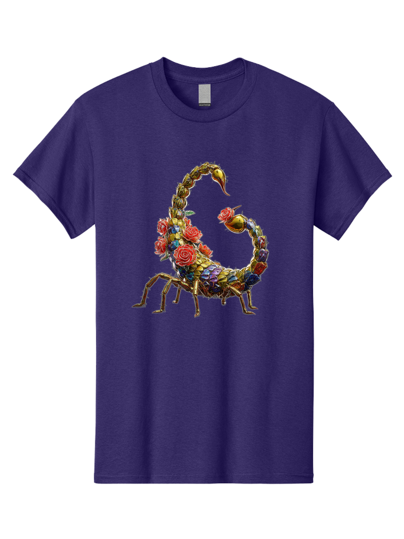 Floral-Scorpion Men'S Graphic Tee, 100% Cotton, Comfortable Casual Summer Wear, Machine Washable, Scorpion Adorned With Flowers, Floral Pattern, Red Roses, Blue Flowers, Gold Accents, Ornate Design, Symbolic Representation, Mystical Creature, Bae179