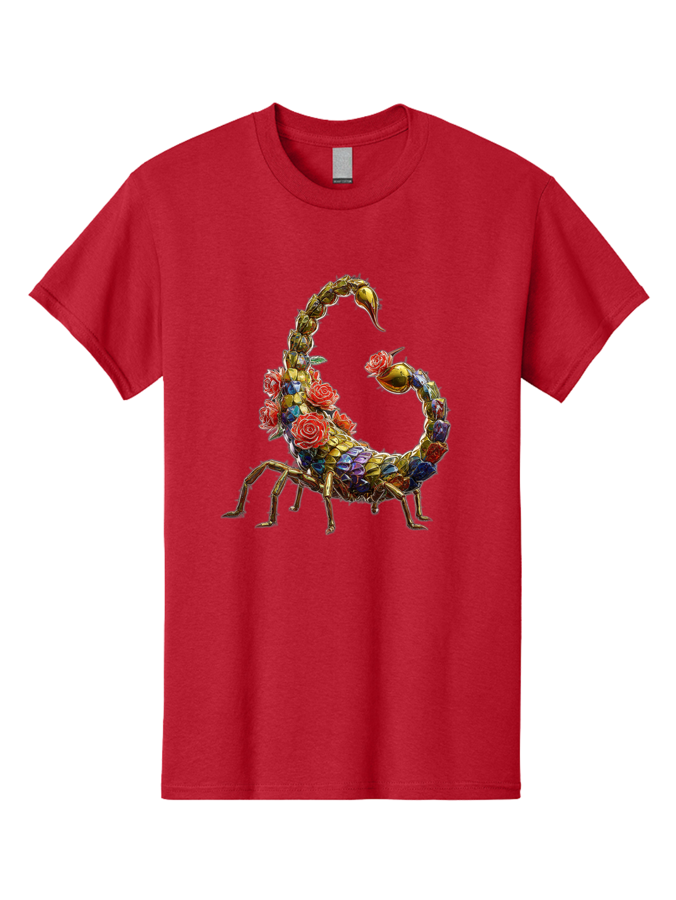 Floral-Scorpion Men'S Graphic Tee, 100% Cotton, Comfortable Casual Summer Wear, Machine Washable, Scorpion Adorned With Flowers, Floral Pattern, Red Roses, Blue Flowers, Gold Accents, Ornate Design, Symbolic Representation, Mystical Creature, Bae179