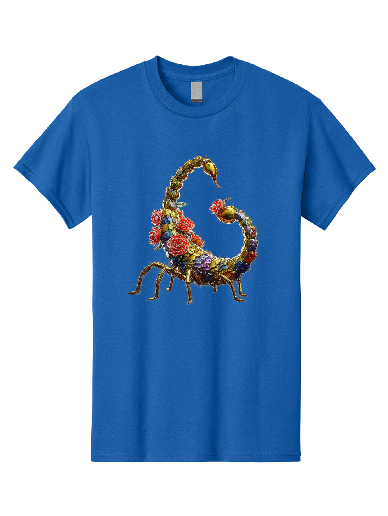 Floral-Scorpion Men'S Graphic Tee, 100% Cotton, Comfortable Casual Summer Wear, Machine Washable, Scorpion Adorned With Flowers, Floral Pattern, Red Roses, Blue Flowers, Gold Accents, Ornate Design, Symbolic Representation, Mystical Creature, Bae179