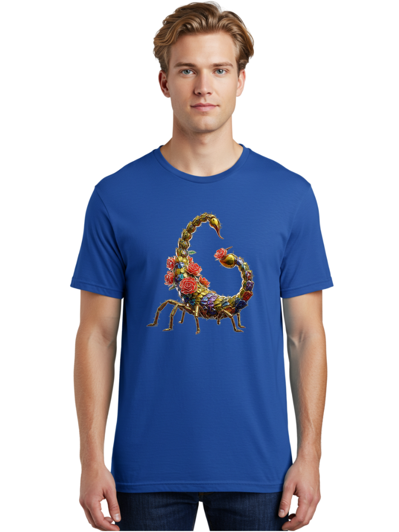 Floral-Scorpion Men'S Graphic Tee, 100% Cotton, Comfortable Casual Summer Wear, Machine Washable, Scorpion Adorned With Flowers, Floral Pattern, Red Roses, Blue Flowers, Gold Accents, Ornate Design, Symbolic Representation, Mystical Creature, Bae179