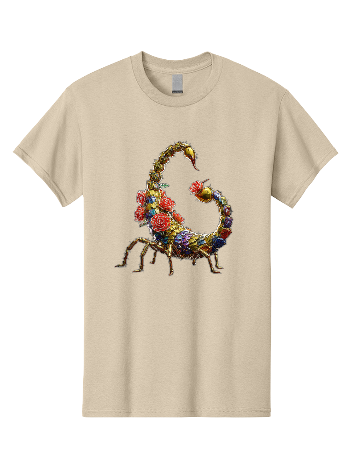 Floral-Scorpion Men'S Graphic Tee, 100% Cotton, Comfortable Casual Summer Wear, Machine Washable, Scorpion Adorned With Flowers, Floral Pattern, Red Roses, Blue Flowers, Gold Accents, Ornate Design, Symbolic Representation, Mystical Creature, Bae179