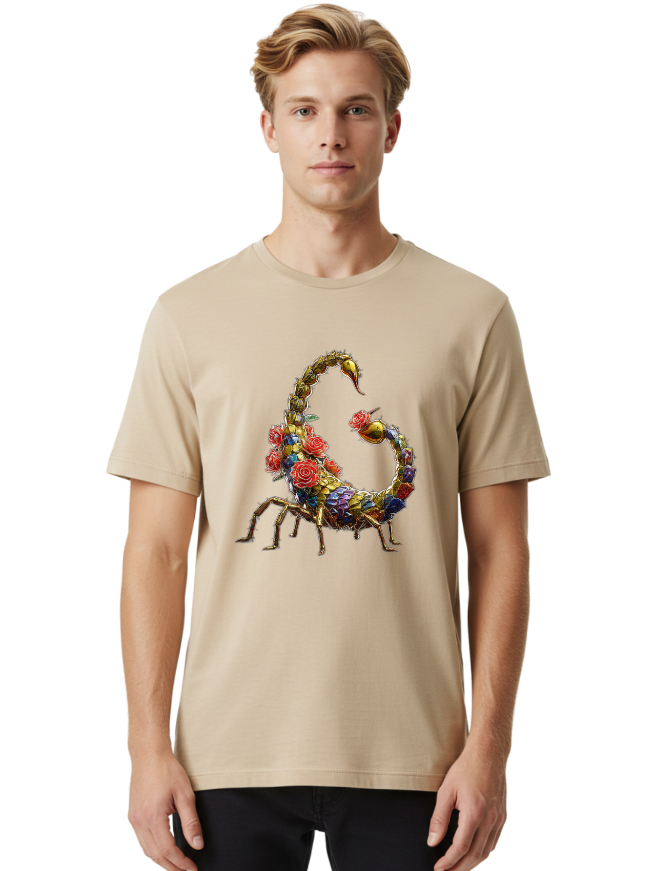 Floral-Scorpion Men'S Graphic Tee, 100% Cotton, Comfortable Casual Summer Wear, Machine Washable, Scorpion Adorned With Flowers, Floral Pattern, Red Roses, Blue Flowers, Gold Accents, Ornate Design, Symbolic Representation, Mystical Creature, Bae179
