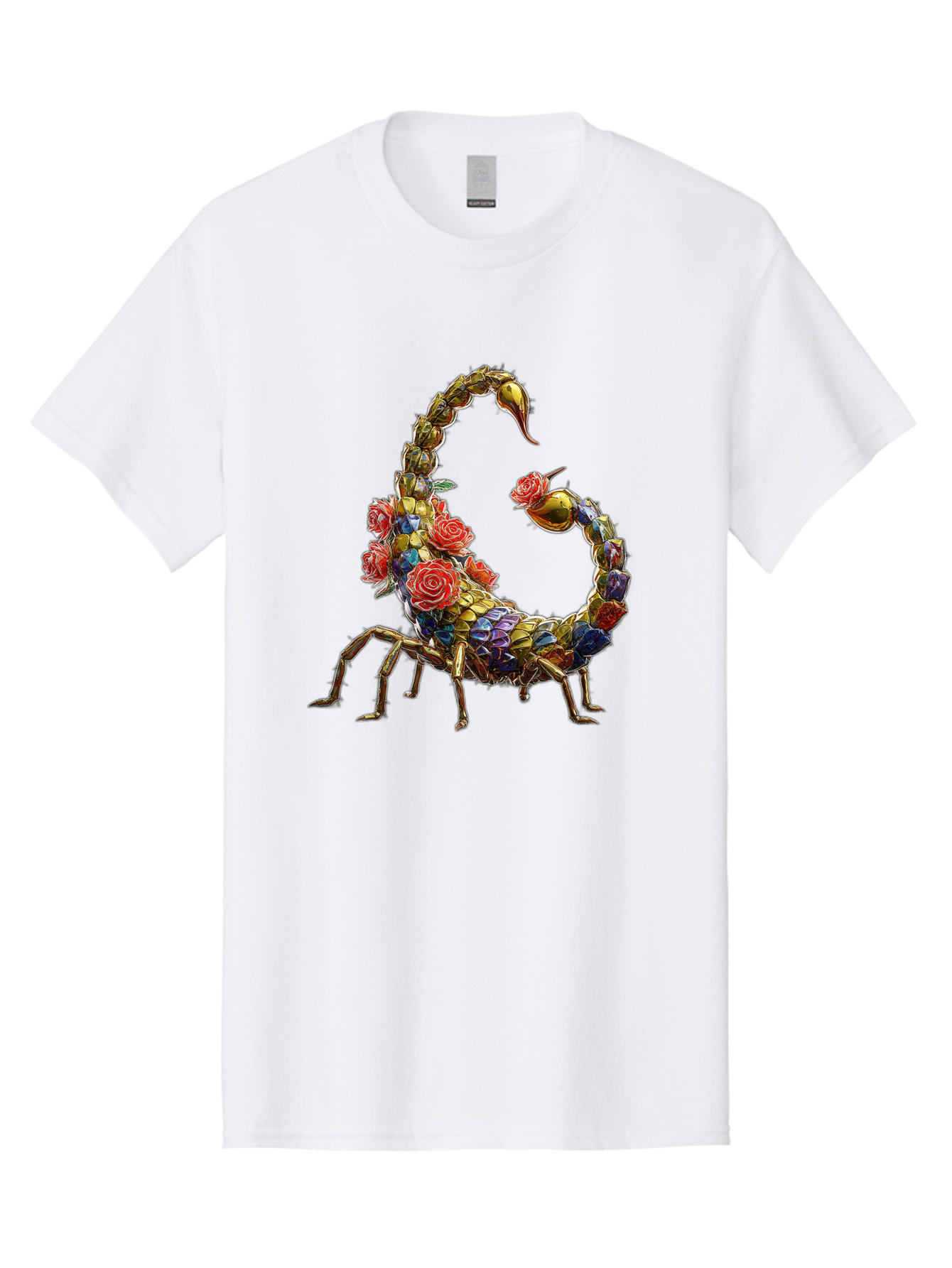 Floral-Scorpion Men'S Graphic Tee, 100% Cotton, Comfortable Casual Summer Wear, Machine Washable, Scorpion Adorned With Flowers, Floral Pattern, Red Roses, Blue Flowers, Gold Accents, Ornate Design, Symbolic Representation, Mystical Creature, Bae179
