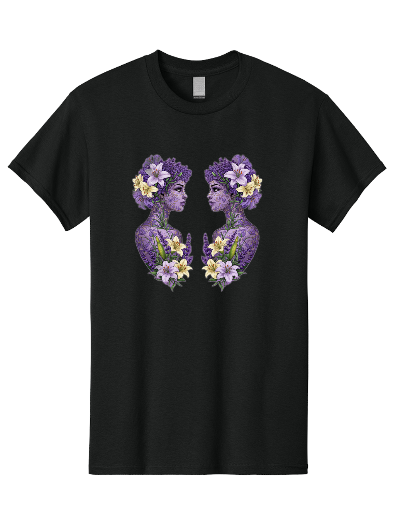Floral-Twin-Profiles Men'S Graphic Tee, 100% Cotton, Comfortable Casual Summer Wear, Machine Washable, Female Profiles, Floral Crowns, Lilies, Lavender, Purple Flowers, Body Art, Nature-Inspired Design, Symbolic Imagery, Purple Tones, Bae180
