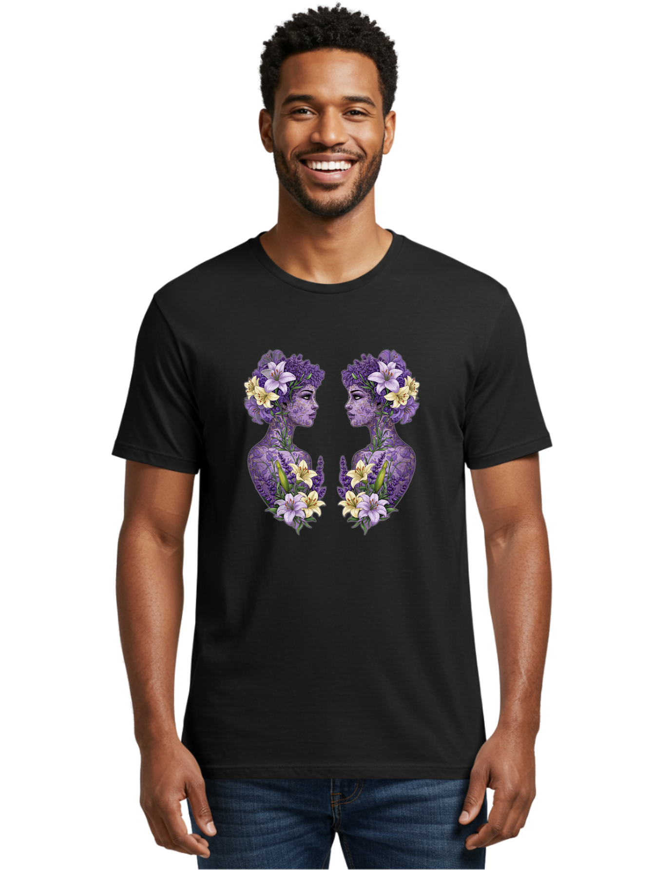 Floral-Twin-Profiles Men'S Graphic Tee, 100% Cotton, Comfortable Casual Summer Wear, Machine Washable, Female Profiles, Floral Crowns, Lilies, Lavender, Purple Flowers, Body Art, Nature-Inspired Design, Symbolic Imagery, Purple Tones, Bae180