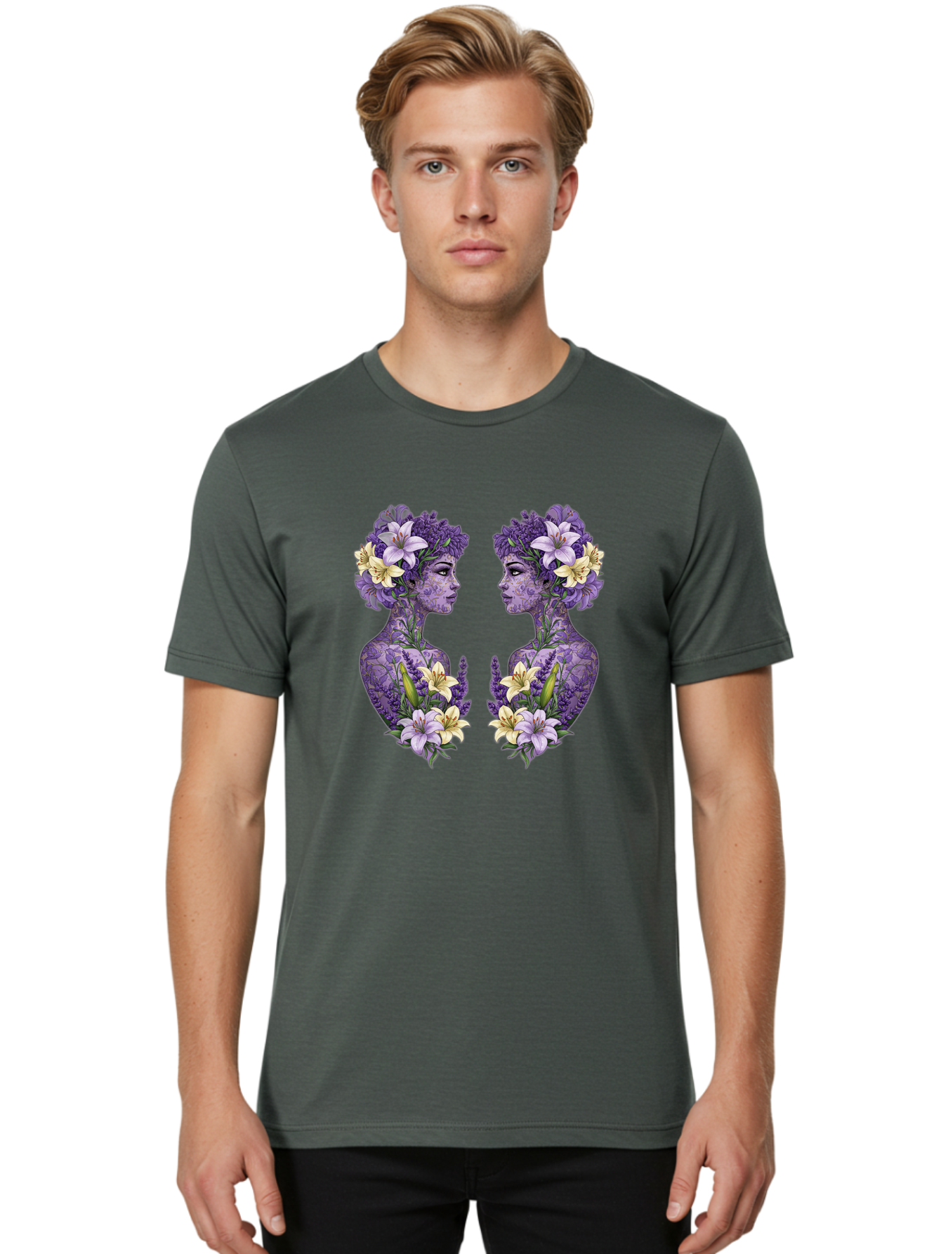 Floral-Twin-Profiles Men'S Graphic Tee, 100% Cotton, Comfortable Casual Summer Wear, Machine Washable, Female Profiles, Floral Crowns, Lilies, Lavender, Purple Flowers, Body Art, Nature-Inspired Design, Symbolic Imagery, Purple Tones, Bae180