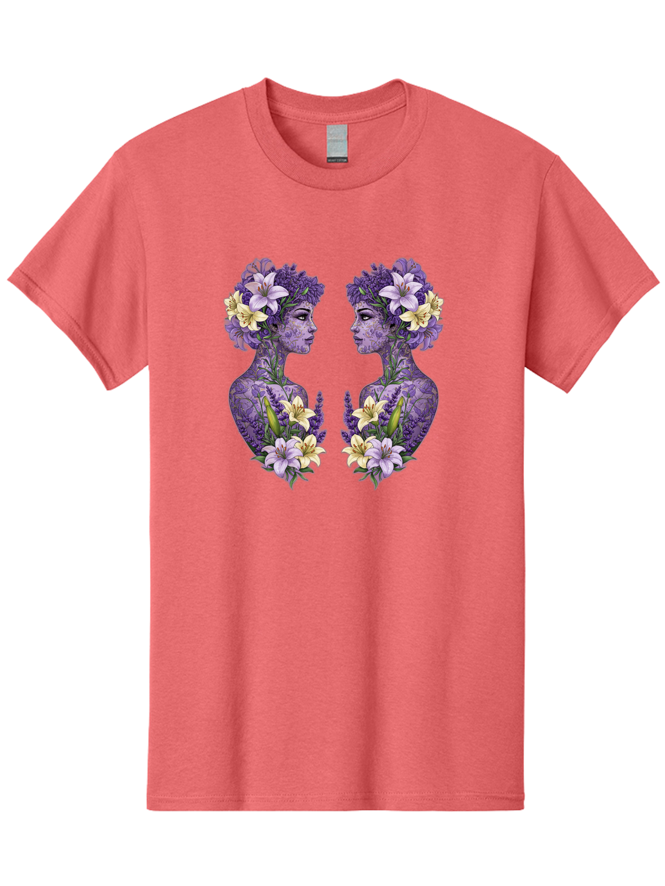 Floral-Twin-Profiles Men'S Graphic Tee, 100% Cotton, Comfortable Casual Summer Wear, Machine Washable, Female Profiles, Floral Crowns, Lilies, Lavender, Purple Flowers, Body Art, Nature-Inspired Design, Symbolic Imagery, Purple Tones, Bae180