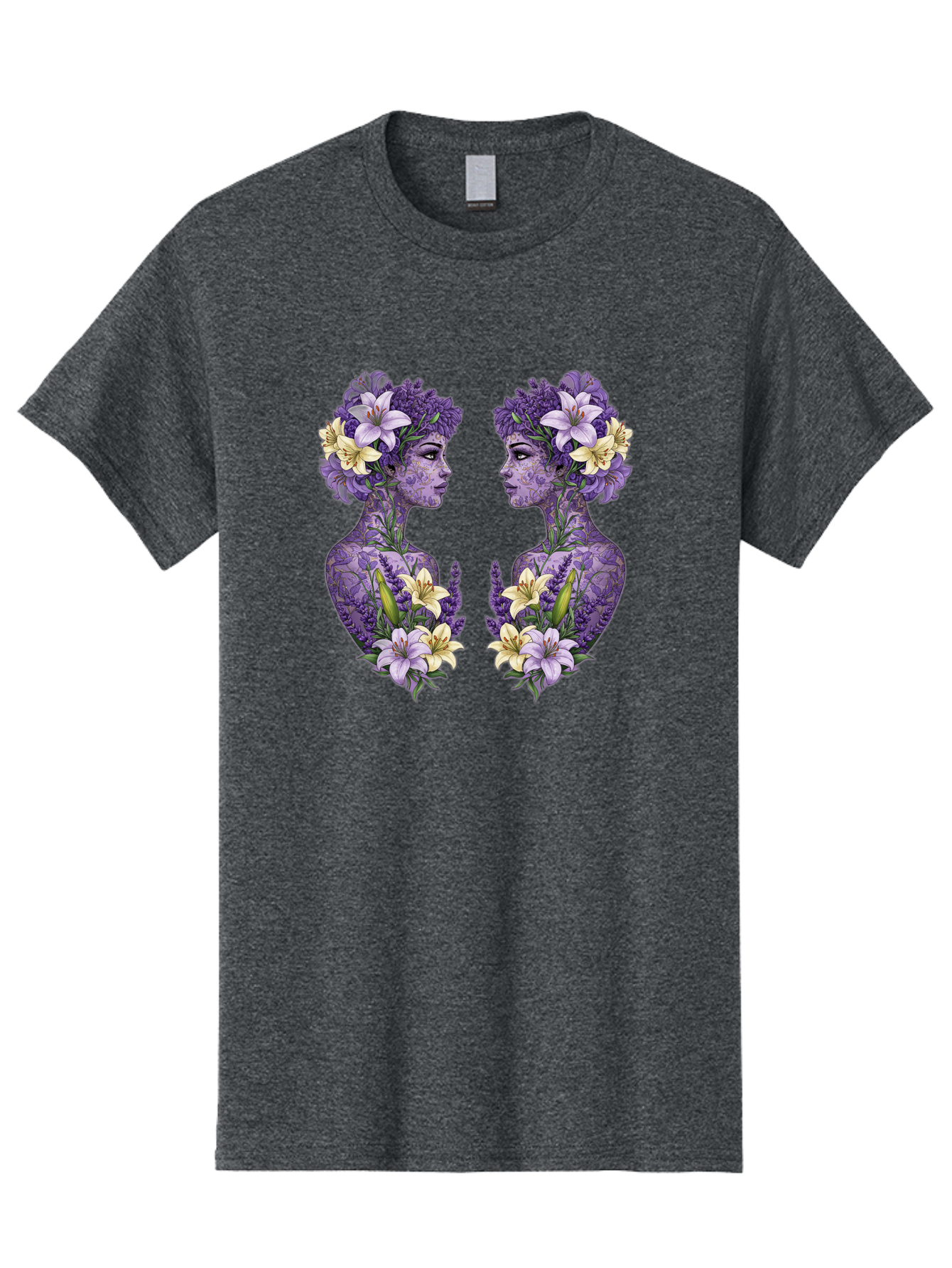 Floral-Twin-Profiles Men'S Graphic Tee, 100% Cotton, Comfortable Casual Summer Wear, Machine Washable, Female Profiles, Floral Crowns, Lilies, Lavender, Purple Flowers, Body Art, Nature-Inspired Design, Symbolic Imagery, Purple Tones, Bae180