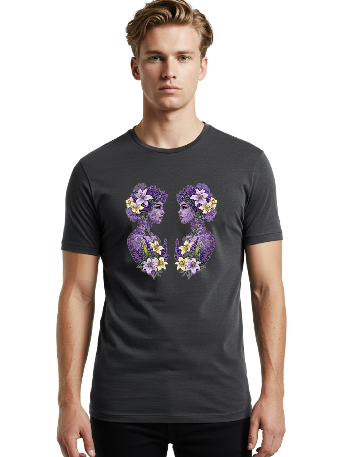 Floral-Twin-Profiles Men'S Graphic Tee, 100% Cotton, Comfortable Casual Summer Wear, Machine Washable, Female Profiles, Floral Crowns, Lilies, Lavender, Purple Flowers, Body Art, Nature-Inspired Design, Symbolic Imagery, Purple Tones, Bae180
