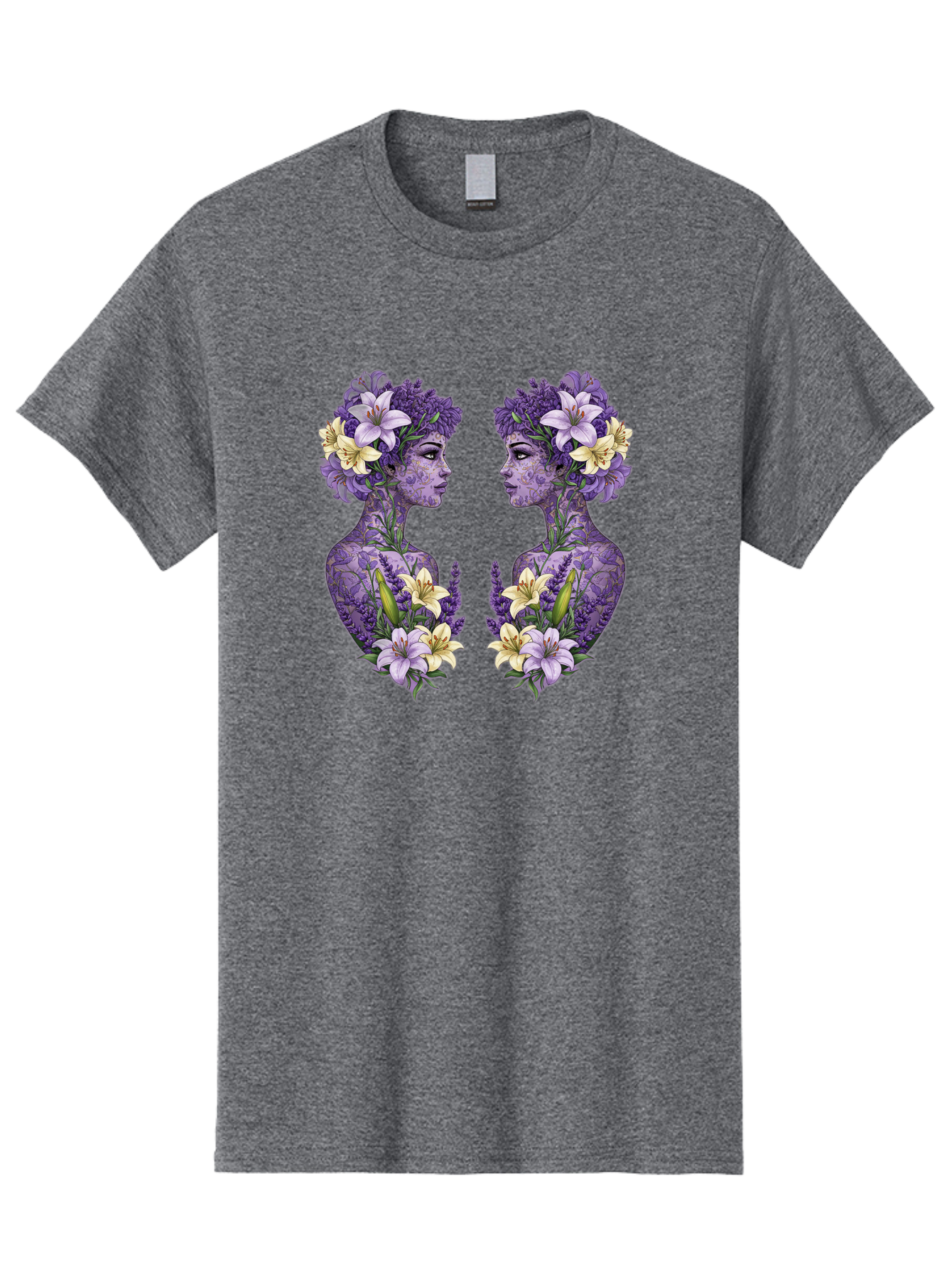Floral-Twin-Profiles Men'S Graphic Tee, 100% Cotton, Comfortable Casual Summer Wear, Machine Washable, Female Profiles, Floral Crowns, Lilies, Lavender, Purple Flowers, Body Art, Nature-Inspired Design, Symbolic Imagery, Purple Tones, Bae180