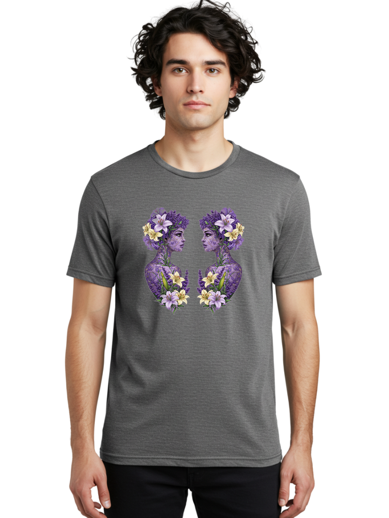 Floral-Twin-Profiles Men'S Graphic Tee, 100% Cotton, Comfortable Casual Summer Wear, Machine Washable, Female Profiles, Floral Crowns, Lilies, Lavender, Purple Flowers, Body Art, Nature-Inspired Design, Symbolic Imagery, Purple Tones, Bae180