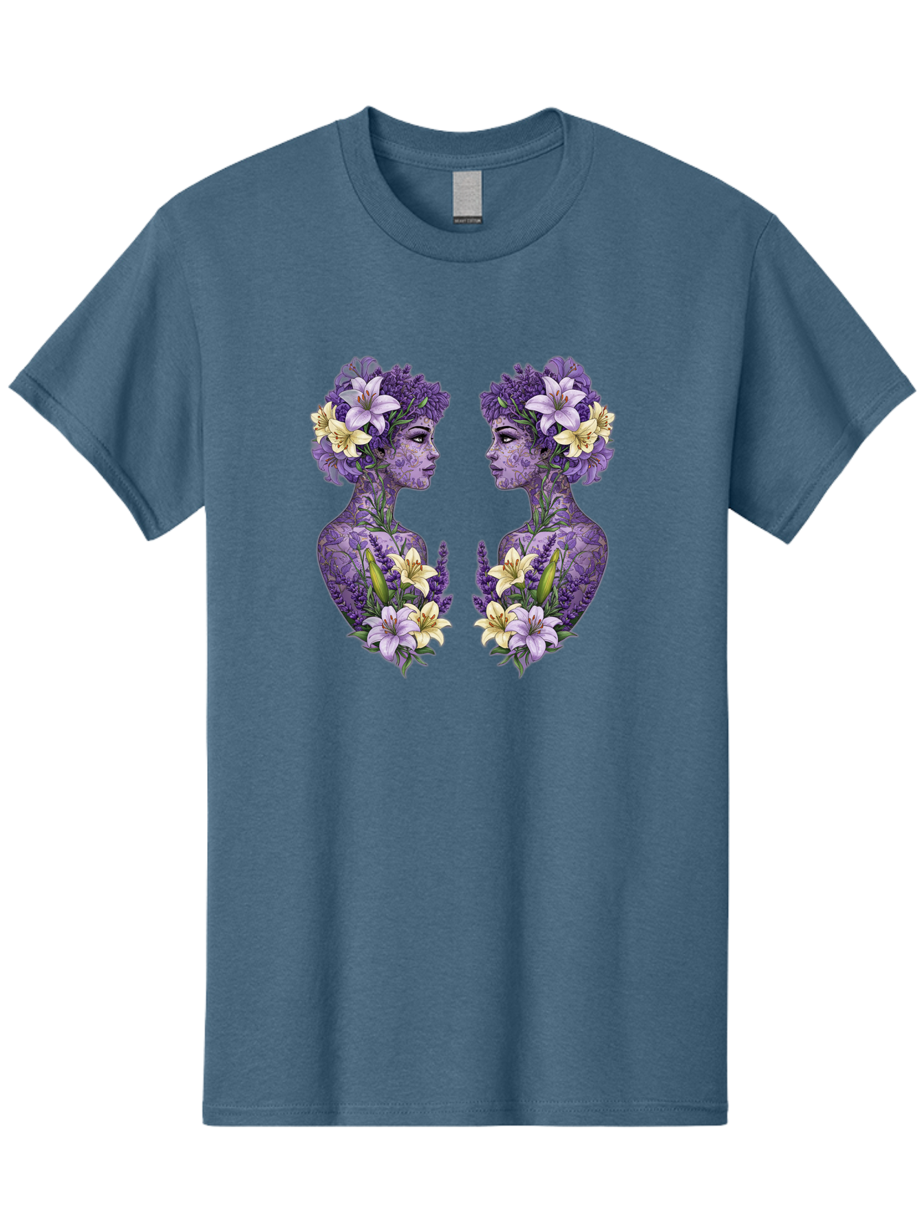 Floral-Twin-Profiles Men'S Graphic Tee, 100% Cotton, Comfortable Casual Summer Wear, Machine Washable, Female Profiles, Floral Crowns, Lilies, Lavender, Purple Flowers, Body Art, Nature-Inspired Design, Symbolic Imagery, Purple Tones, Bae180