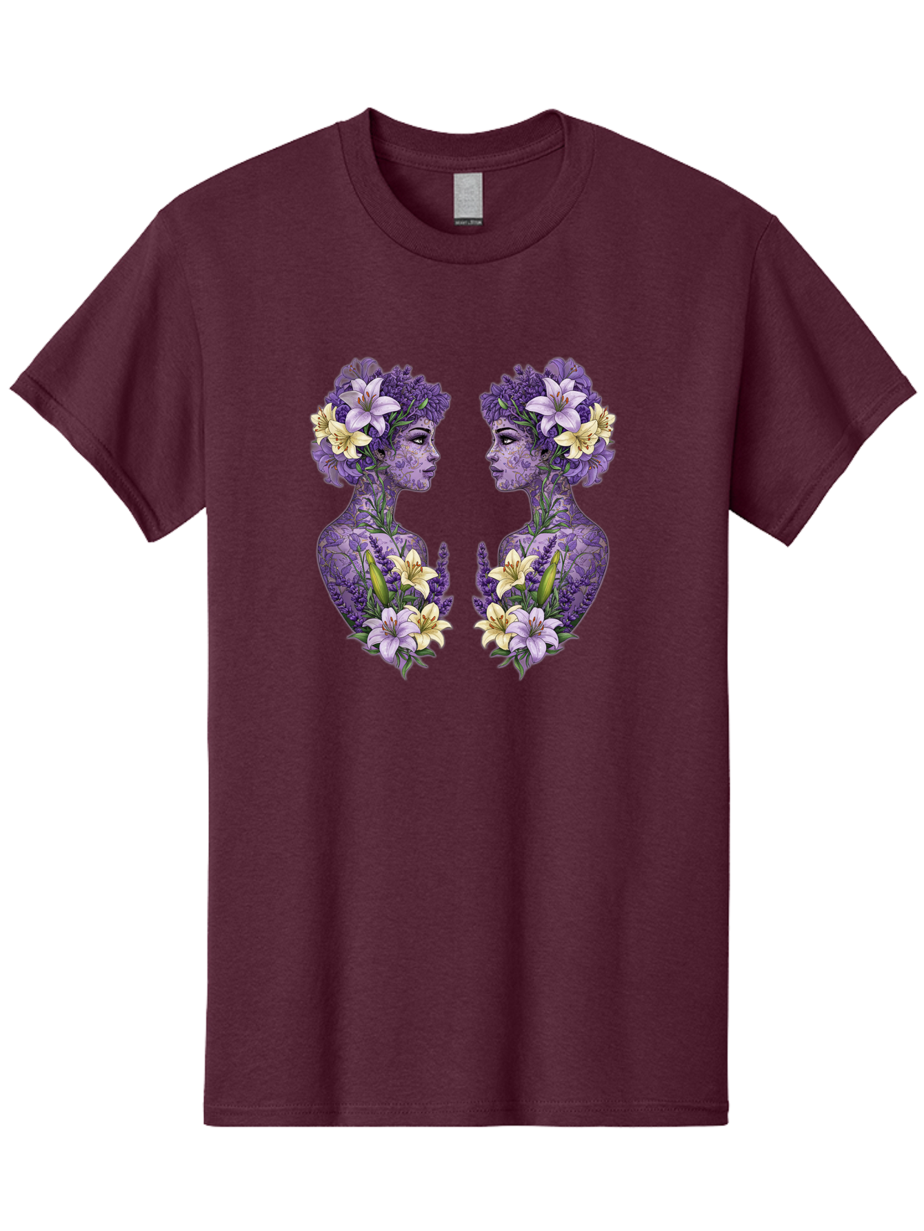 Floral-Twin-Profiles Men'S Graphic Tee, 100% Cotton, Comfortable Casual Summer Wear, Machine Washable, Female Profiles, Floral Crowns, Lilies, Lavender, Purple Flowers, Body Art, Nature-Inspired Design, Symbolic Imagery, Purple Tones, Bae180