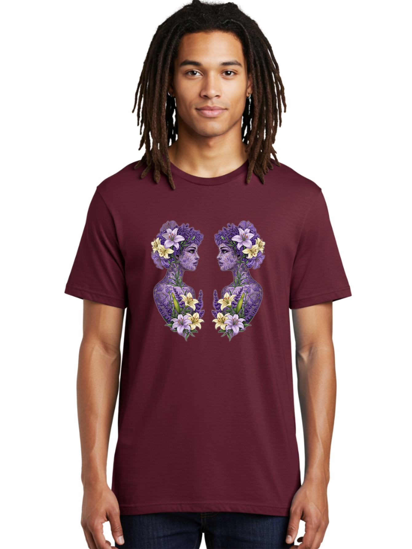 Floral-Twin-Profiles Men'S Graphic Tee, 100% Cotton, Comfortable Casual Summer Wear, Machine Washable, Female Profiles, Floral Crowns, Lilies, Lavender, Purple Flowers, Body Art, Nature-Inspired Design, Symbolic Imagery, Purple Tones, Bae180