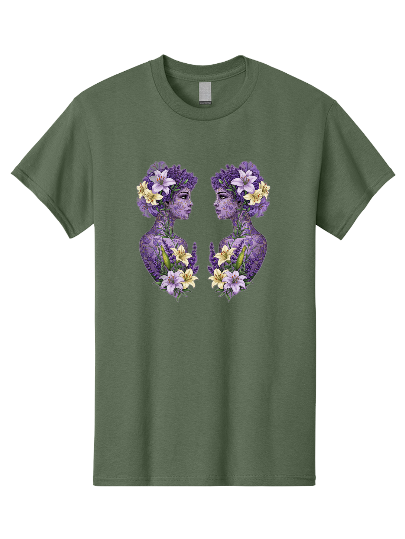 Floral-Twin-Profiles Men'S Graphic Tee, 100% Cotton, Comfortable Casual Summer Wear, Machine Washable, Female Profiles, Floral Crowns, Lilies, Lavender, Purple Flowers, Body Art, Nature-Inspired Design, Symbolic Imagery, Purple Tones, Bae180