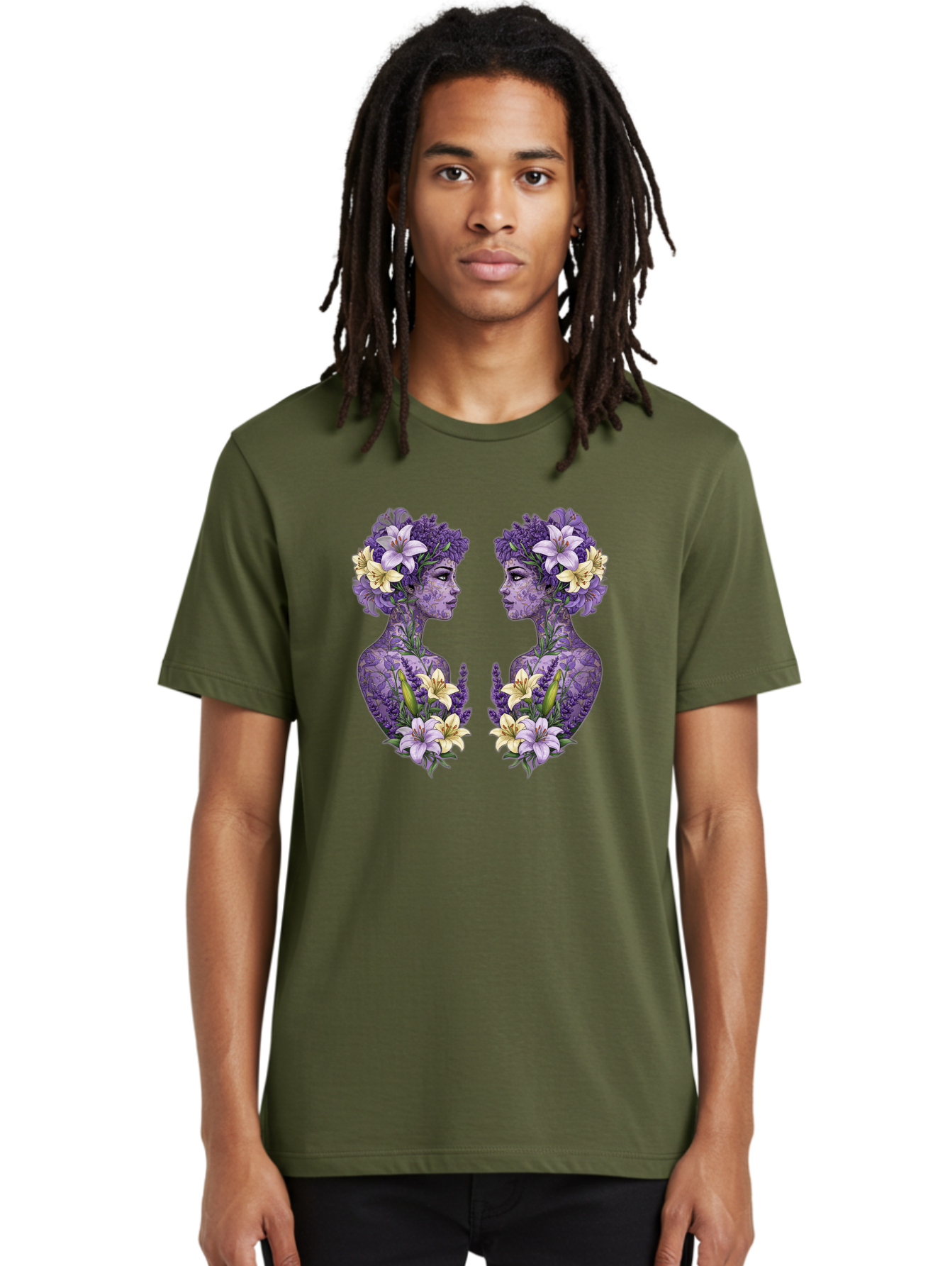 Floral-Twin-Profiles Men'S Graphic Tee, 100% Cotton, Comfortable Casual Summer Wear, Machine Washable, Female Profiles, Floral Crowns, Lilies, Lavender, Purple Flowers, Body Art, Nature-Inspired Design, Symbolic Imagery, Purple Tones, Bae180