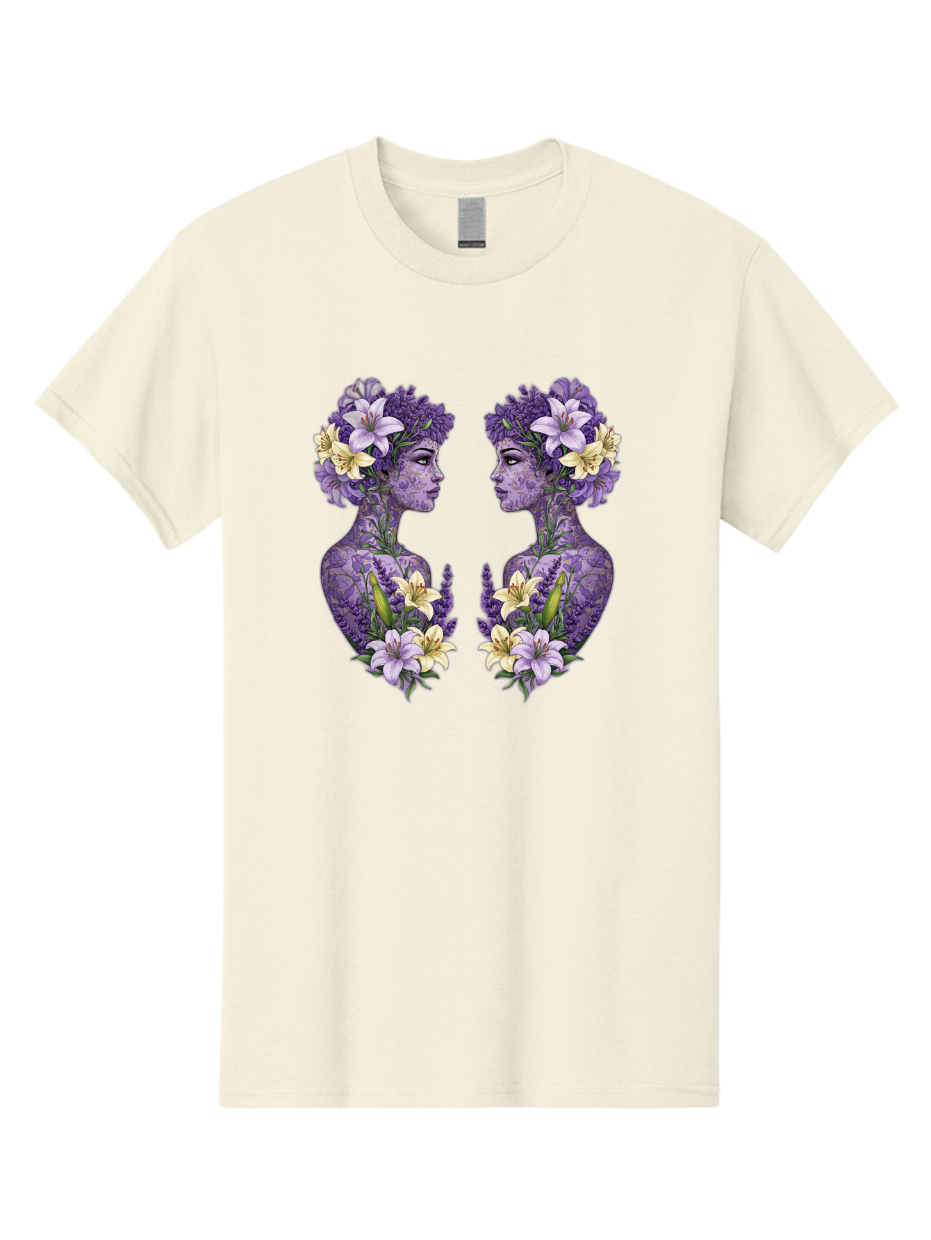 Floral-Twin-Profiles Men'S Graphic Tee, 100% Cotton, Comfortable Casual Summer Wear, Machine Washable, Female Profiles, Floral Crowns, Lilies, Lavender, Purple Flowers, Body Art, Nature-Inspired Design, Symbolic Imagery, Purple Tones, Bae180
