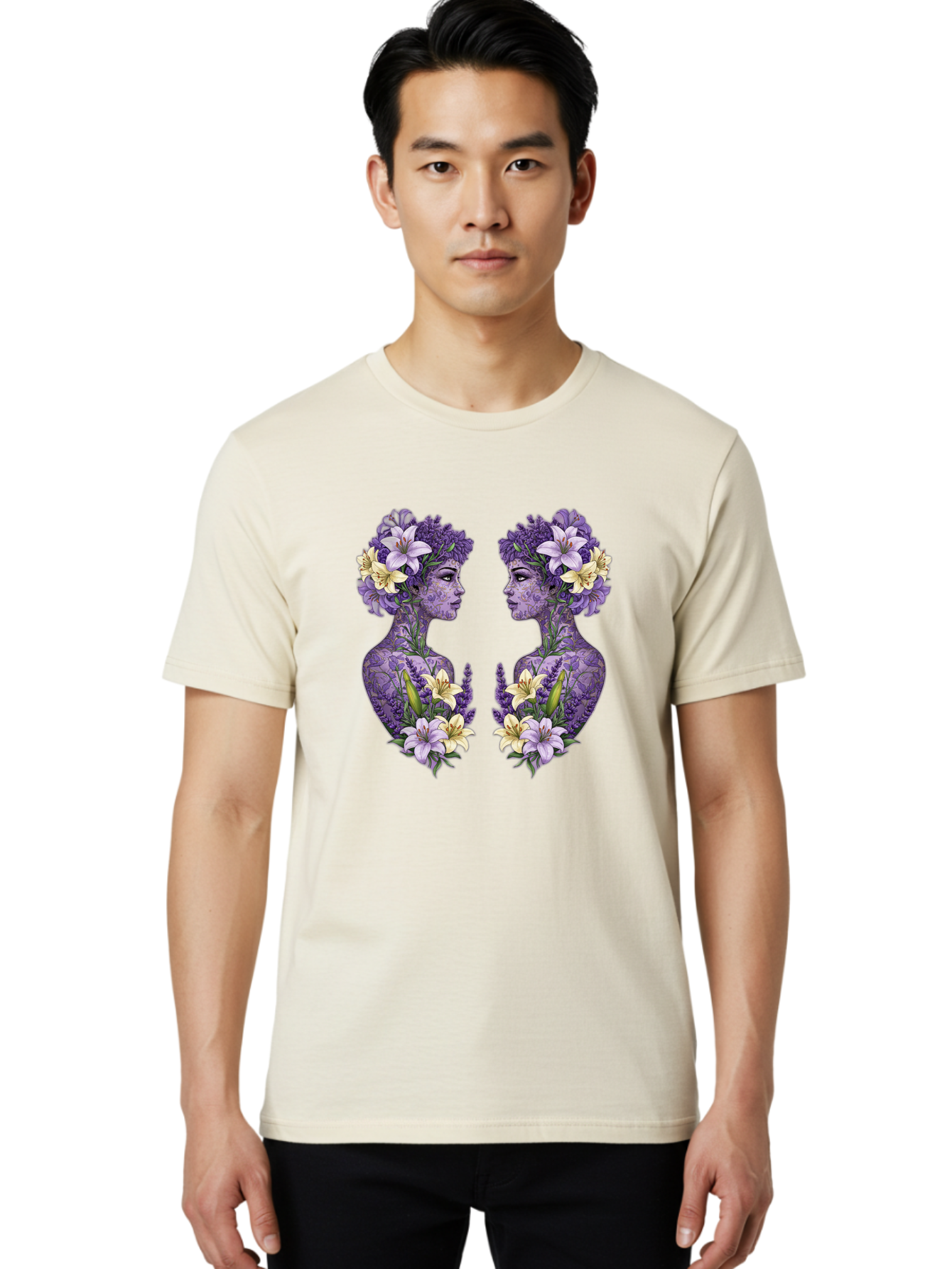 Floral-Twin-Profiles Men'S Graphic Tee, 100% Cotton, Comfortable Casual Summer Wear, Machine Washable, Female Profiles, Floral Crowns, Lilies, Lavender, Purple Flowers, Body Art, Nature-Inspired Design, Symbolic Imagery, Purple Tones, Bae180