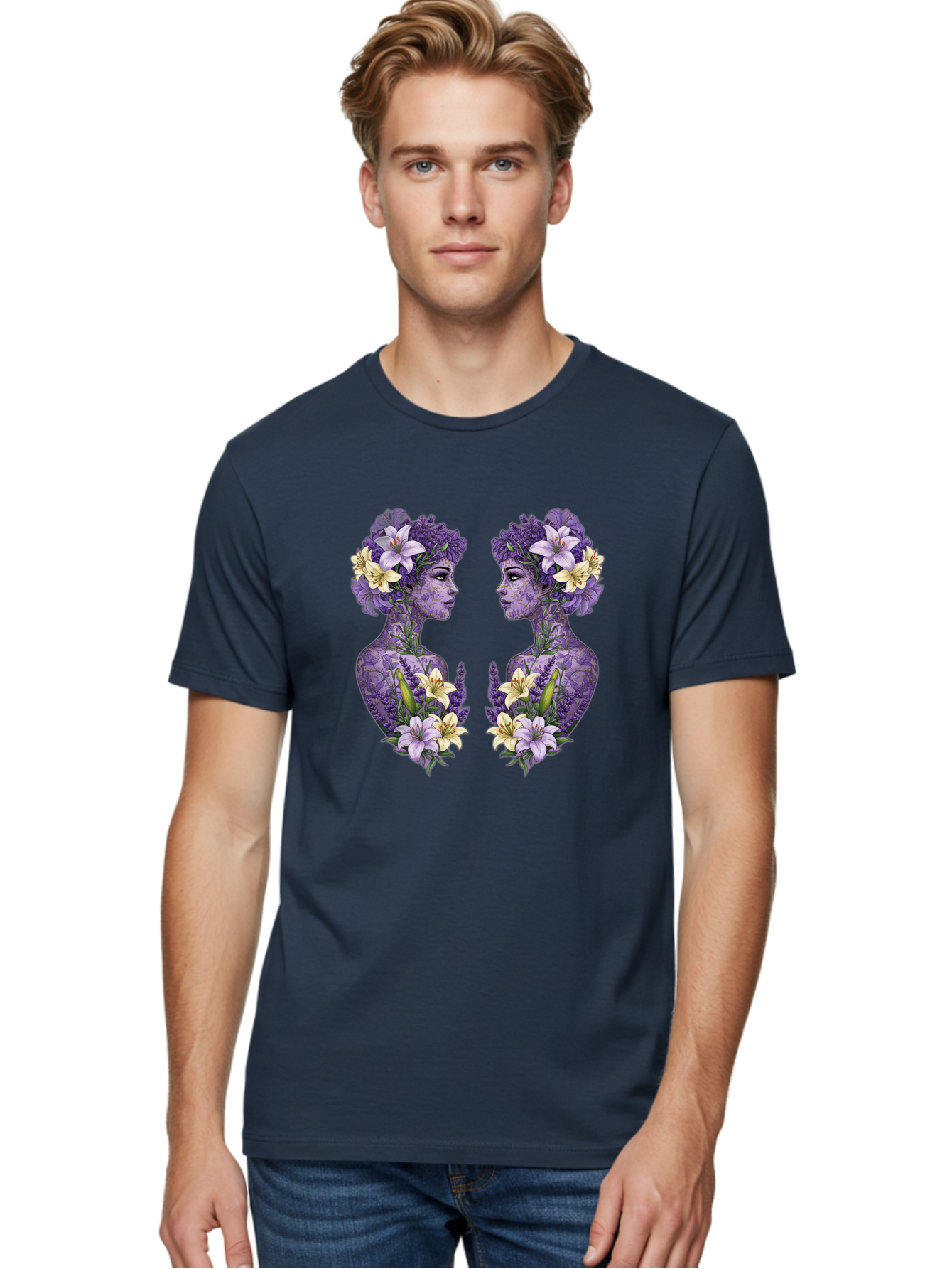 Floral-Twin-Profiles Men'S Graphic Tee, 100% Cotton, Comfortable Casual Summer Wear, Machine Washable, Female Profiles, Floral Crowns, Lilies, Lavender, Purple Flowers, Body Art, Nature-Inspired Design, Symbolic Imagery, Purple Tones, Bae180