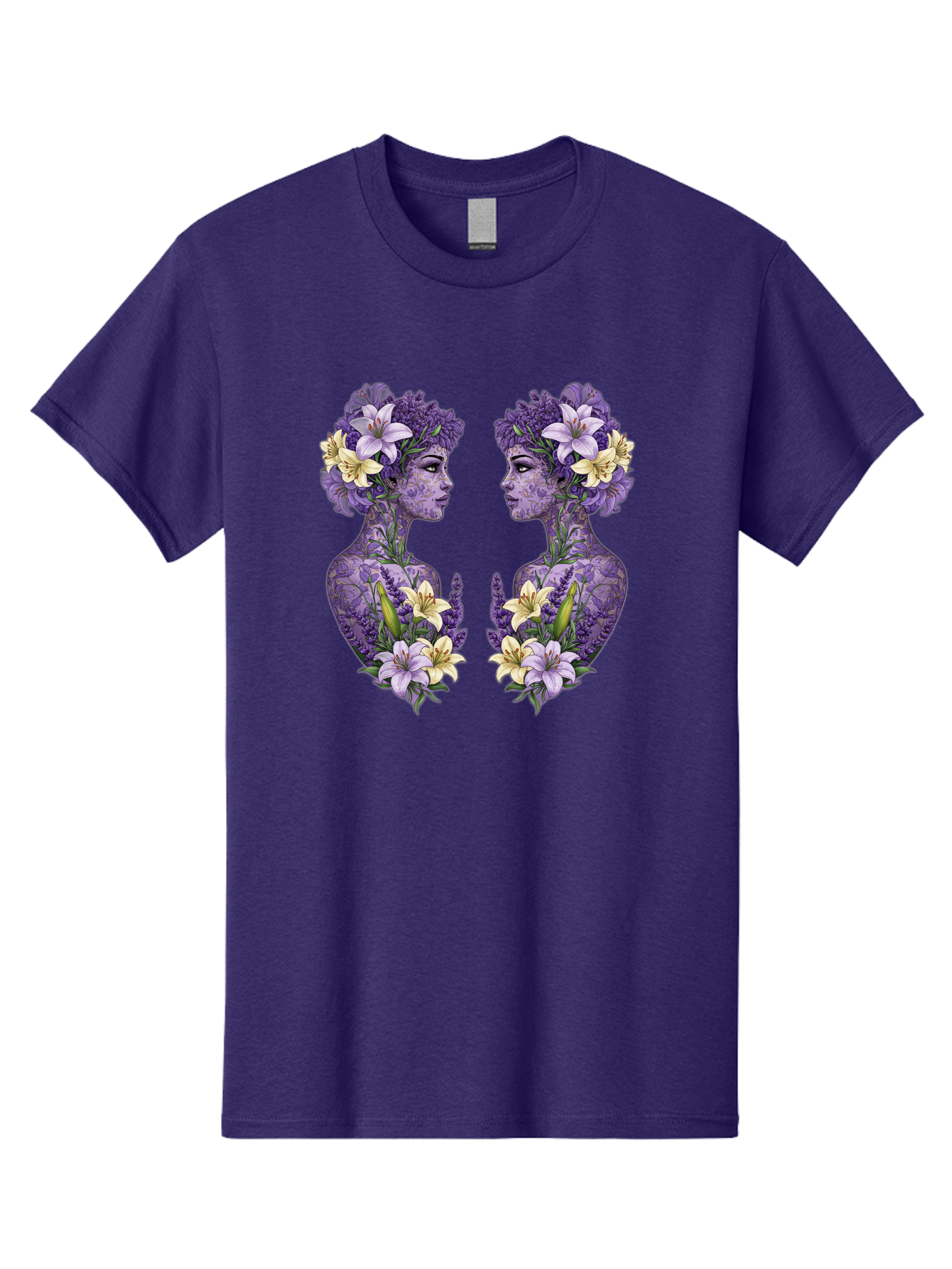 Floral-Twin-Profiles Men'S Graphic Tee, 100% Cotton, Comfortable Casual Summer Wear, Machine Washable, Female Profiles, Floral Crowns, Lilies, Lavender, Purple Flowers, Body Art, Nature-Inspired Design, Symbolic Imagery, Purple Tones, Bae180