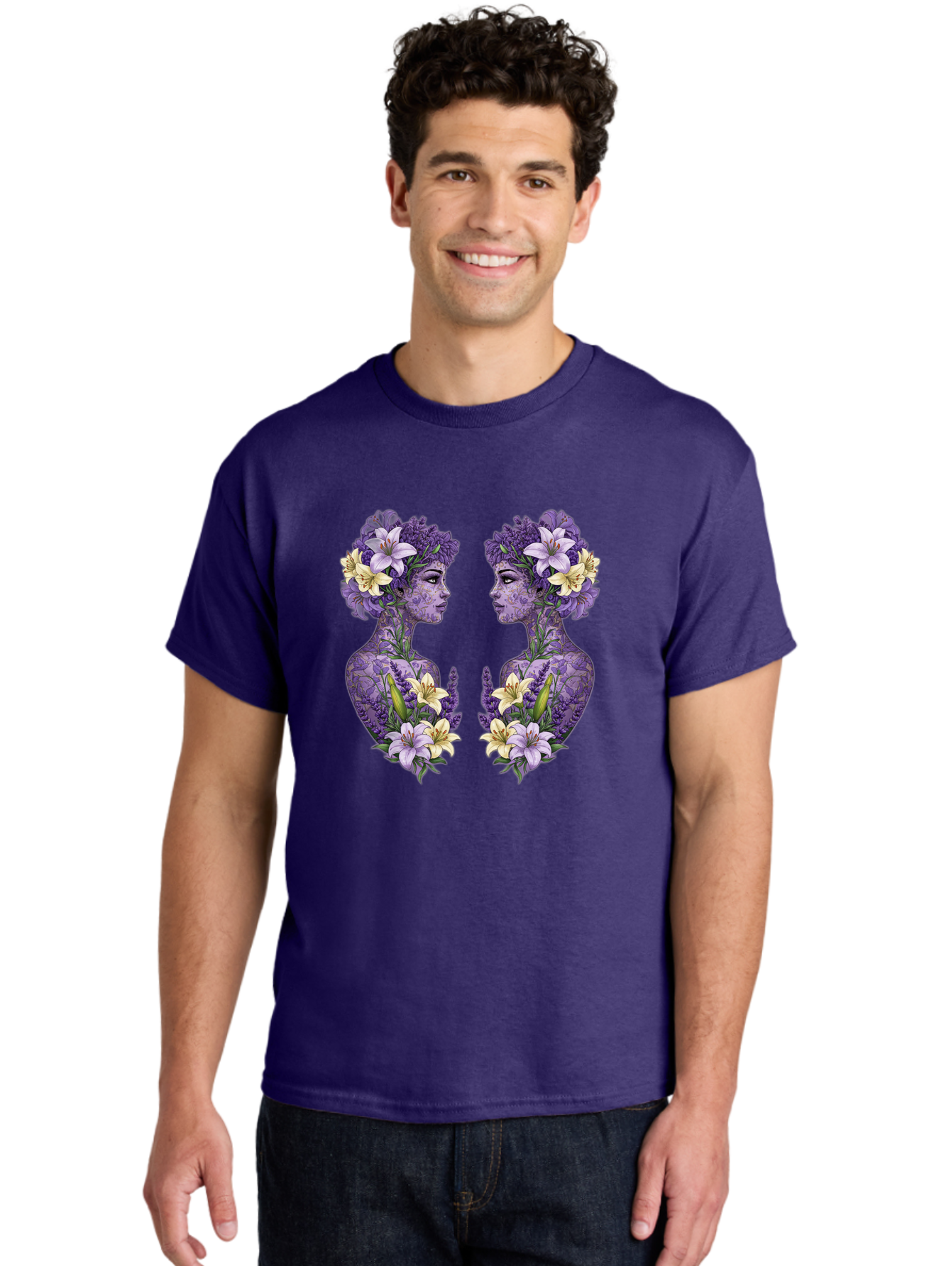 Floral-Twin-Profiles Men'S Graphic Tee, 100% Cotton, Comfortable Casual Summer Wear, Machine Washable, Female Profiles, Floral Crowns, Lilies, Lavender, Purple Flowers, Body Art, Nature-Inspired Design, Symbolic Imagery, Purple Tones, Bae180