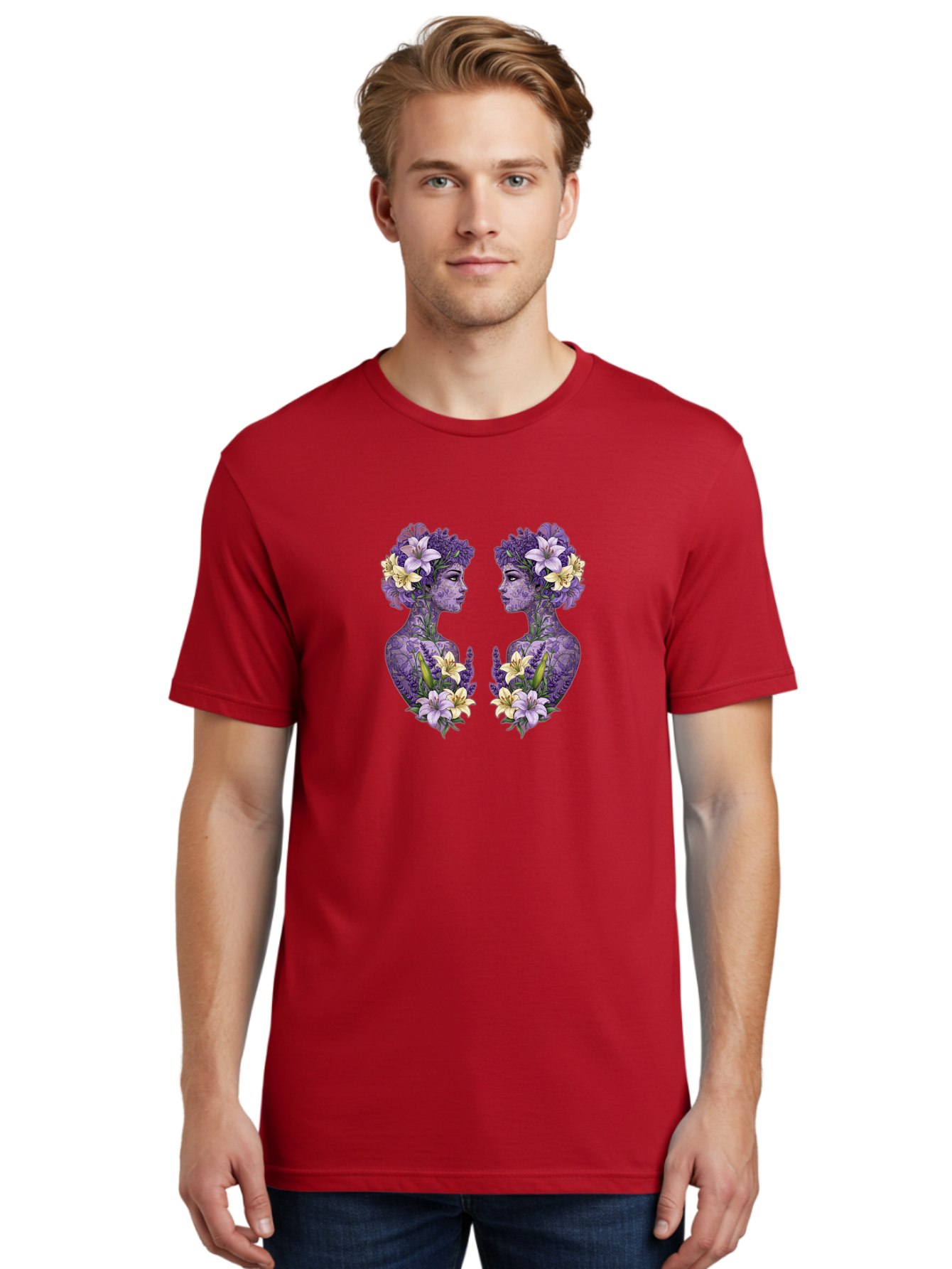Floral-Twin-Profiles Men'S Graphic Tee, 100% Cotton, Comfortable Casual Summer Wear, Machine Washable, Female Profiles, Floral Crowns, Lilies, Lavender, Purple Flowers, Body Art, Nature-Inspired Design, Symbolic Imagery, Purple Tones, Bae180