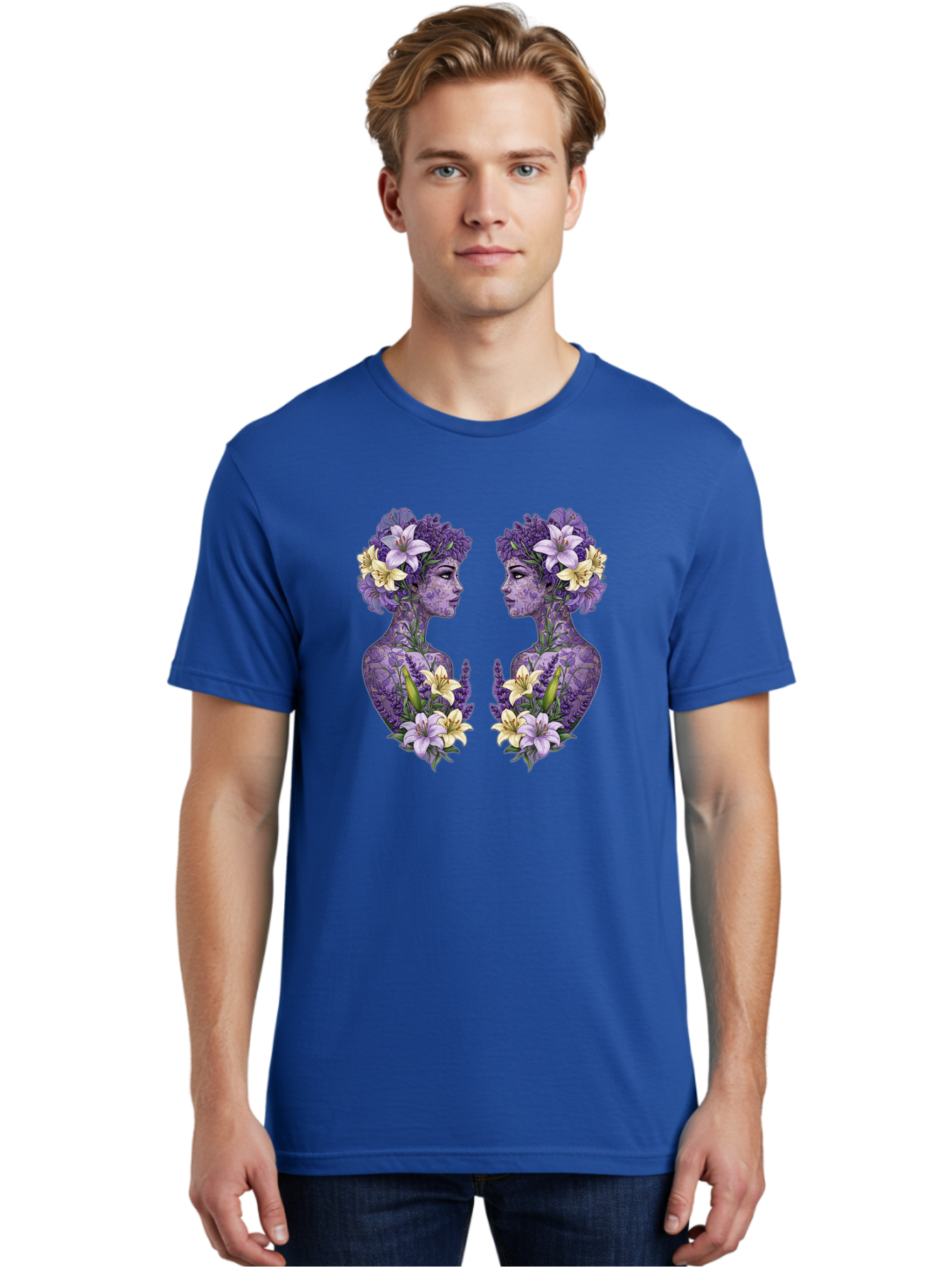 Floral-Twin-Profiles Men'S Graphic Tee, 100% Cotton, Comfortable Casual Summer Wear, Machine Washable, Female Profiles, Floral Crowns, Lilies, Lavender, Purple Flowers, Body Art, Nature-Inspired Design, Symbolic Imagery, Purple Tones, Bae180