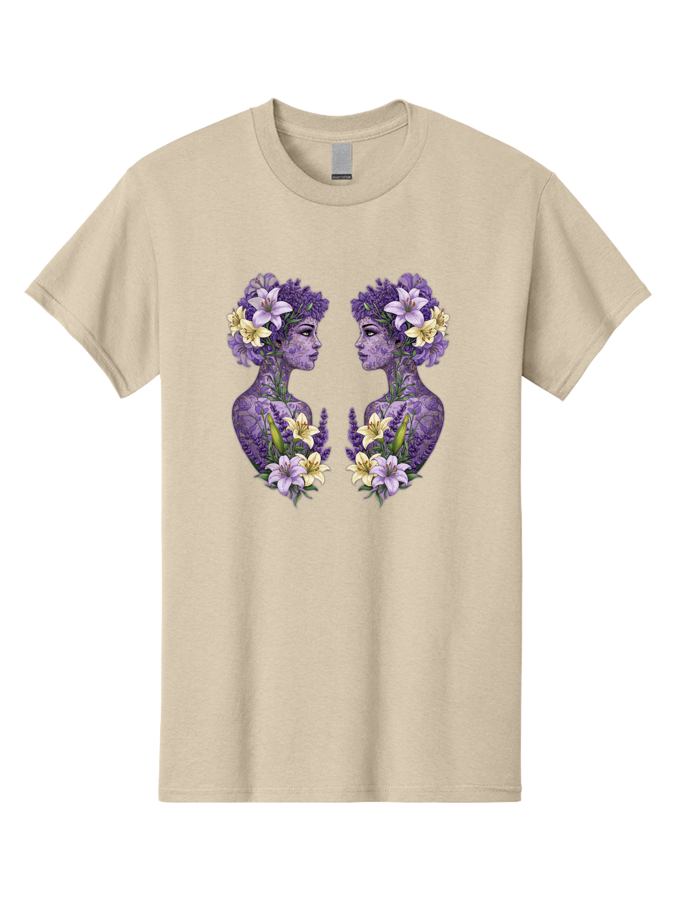 Floral-Twin-Profiles Men'S Graphic Tee, 100% Cotton, Comfortable Casual Summer Wear, Machine Washable, Female Profiles, Floral Crowns, Lilies, Lavender, Purple Flowers, Body Art, Nature-Inspired Design, Symbolic Imagery, Purple Tones, Bae180