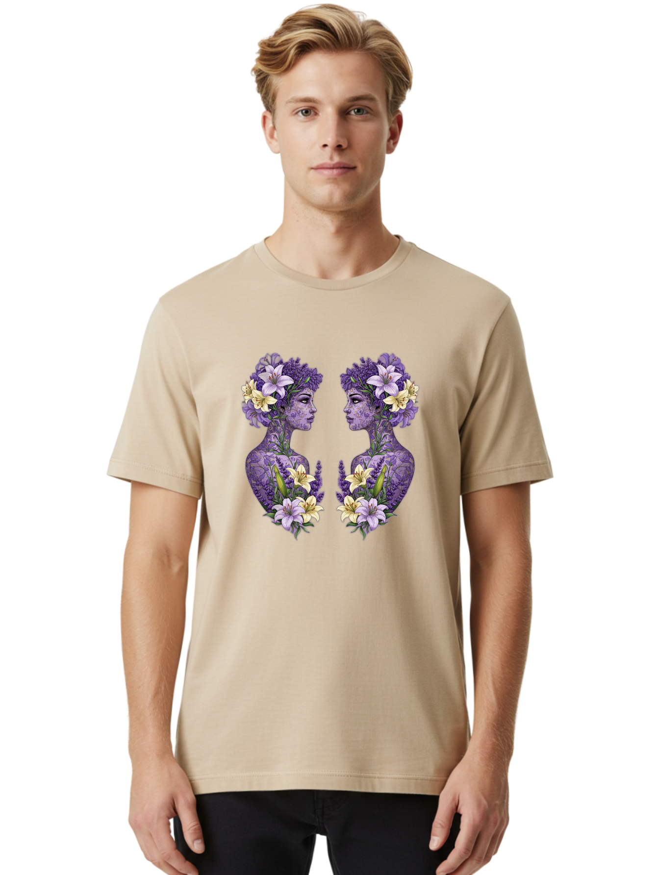 Floral-Twin-Profiles Men'S Graphic Tee, 100% Cotton, Comfortable Casual Summer Wear, Machine Washable, Female Profiles, Floral Crowns, Lilies, Lavender, Purple Flowers, Body Art, Nature-Inspired Design, Symbolic Imagery, Purple Tones, Bae180