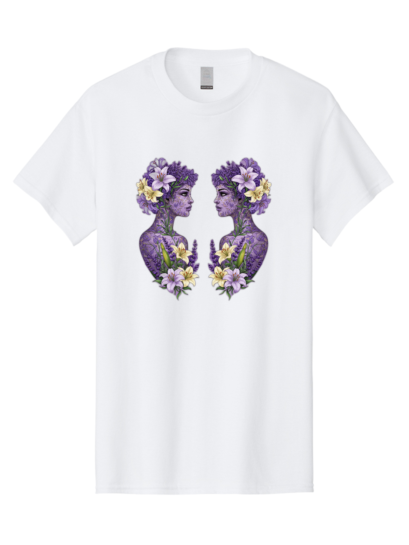 Floral-Twin-Profiles Men'S Graphic Tee, 100% Cotton, Comfortable Casual Summer Wear, Machine Washable, Female Profiles, Floral Crowns, Lilies, Lavender, Purple Flowers, Body Art, Nature-Inspired Design, Symbolic Imagery, Purple Tones, Bae180