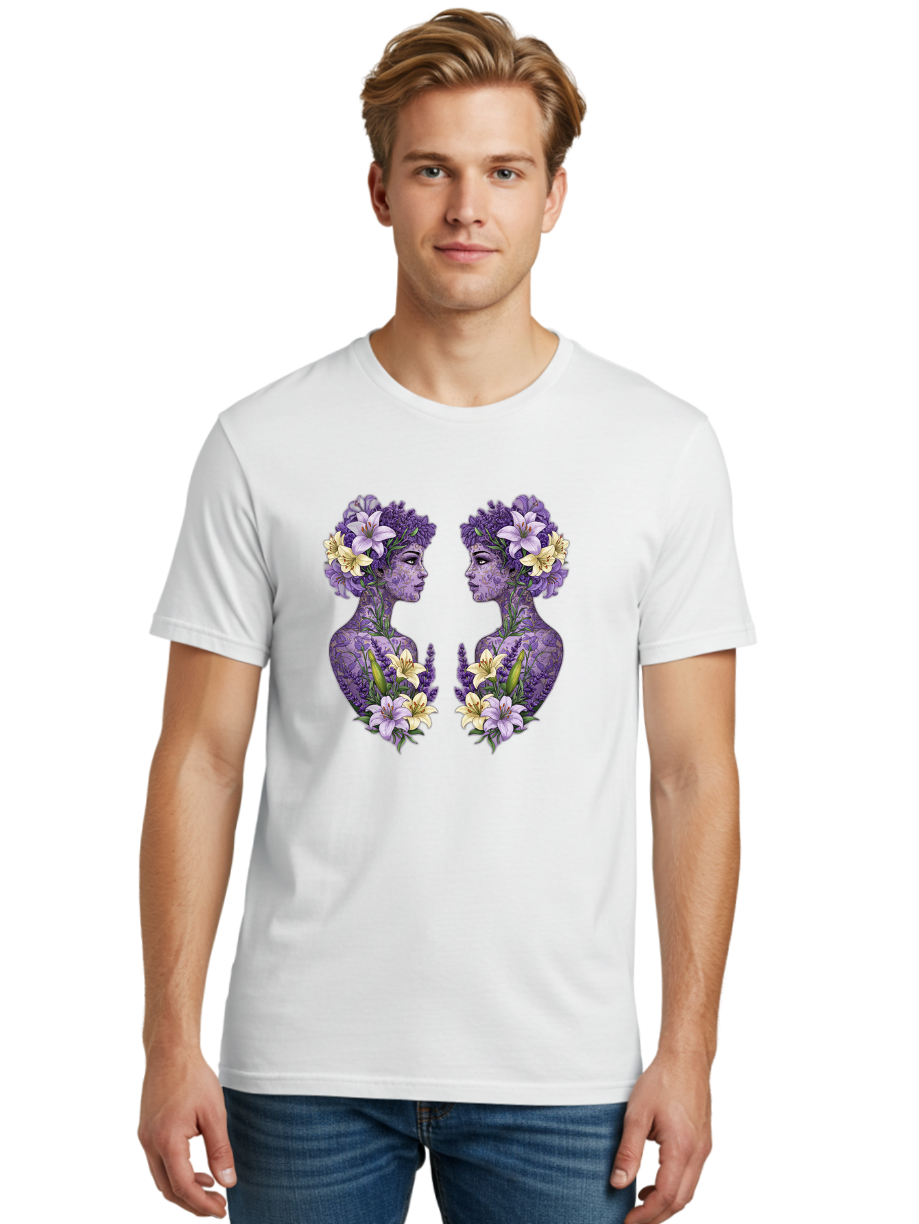 Floral-Twin-Profiles Men'S Graphic Tee, 100% Cotton, Comfortable Casual Summer Wear, Machine Washable, Female Profiles, Floral Crowns, Lilies, Lavender, Purple Flowers, Body Art, Nature-Inspired Design, Symbolic Imagery, Purple Tones, Bae180
