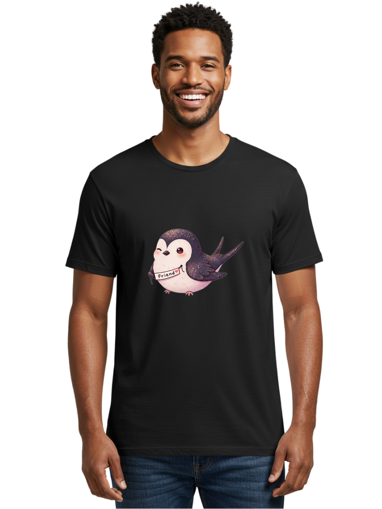 Friend Men'S Graphic Tee, 100% Cotton, Comfortable Casual Summer Wear, Machine Washable, Cartoon Bird, Friendship Symbol, Cute Animal, Bird Holding Sign, Sweet Gesture, Friendship Gift, Friendship Card, Adorable Illustration, Friendship Theme, Bae182