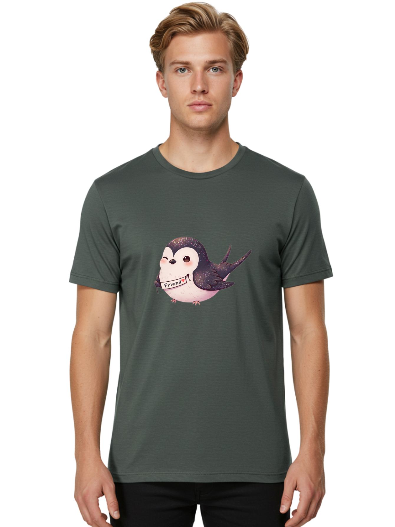 Friend Men'S Graphic Tee, 100% Cotton, Comfortable Casual Summer Wear, Machine Washable, Cartoon Bird, Friendship Symbol, Cute Animal, Bird Holding Sign, Sweet Gesture, Friendship Gift, Friendship Card, Adorable Illustration, Friendship Theme, Bae182
