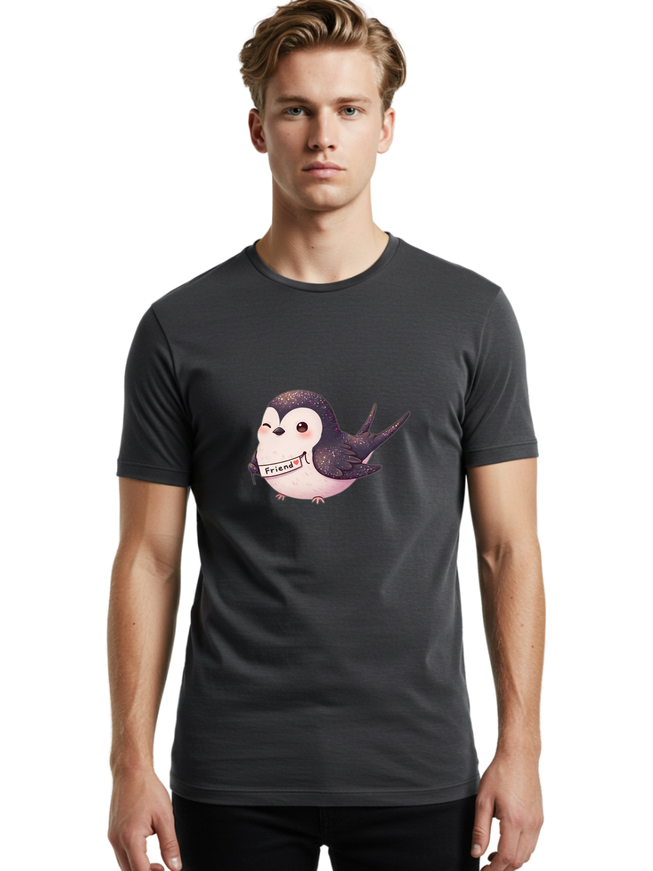 Friend Men'S Graphic Tee, 100% Cotton, Comfortable Casual Summer Wear, Machine Washable, Cartoon Bird, Friendship Symbol, Cute Animal, Bird Holding Sign, Sweet Gesture, Friendship Gift, Friendship Card, Adorable Illustration, Friendship Theme, Bae182