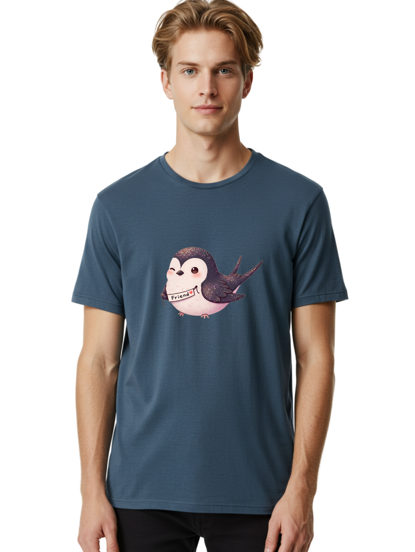 Friend Men'S Graphic Tee, 100% Cotton, Comfortable Casual Summer Wear, Machine Washable, Cartoon Bird, Friendship Symbol, Cute Animal, Bird Holding Sign, Sweet Gesture, Friendship Gift, Friendship Card, Adorable Illustration, Friendship Theme, Bae182