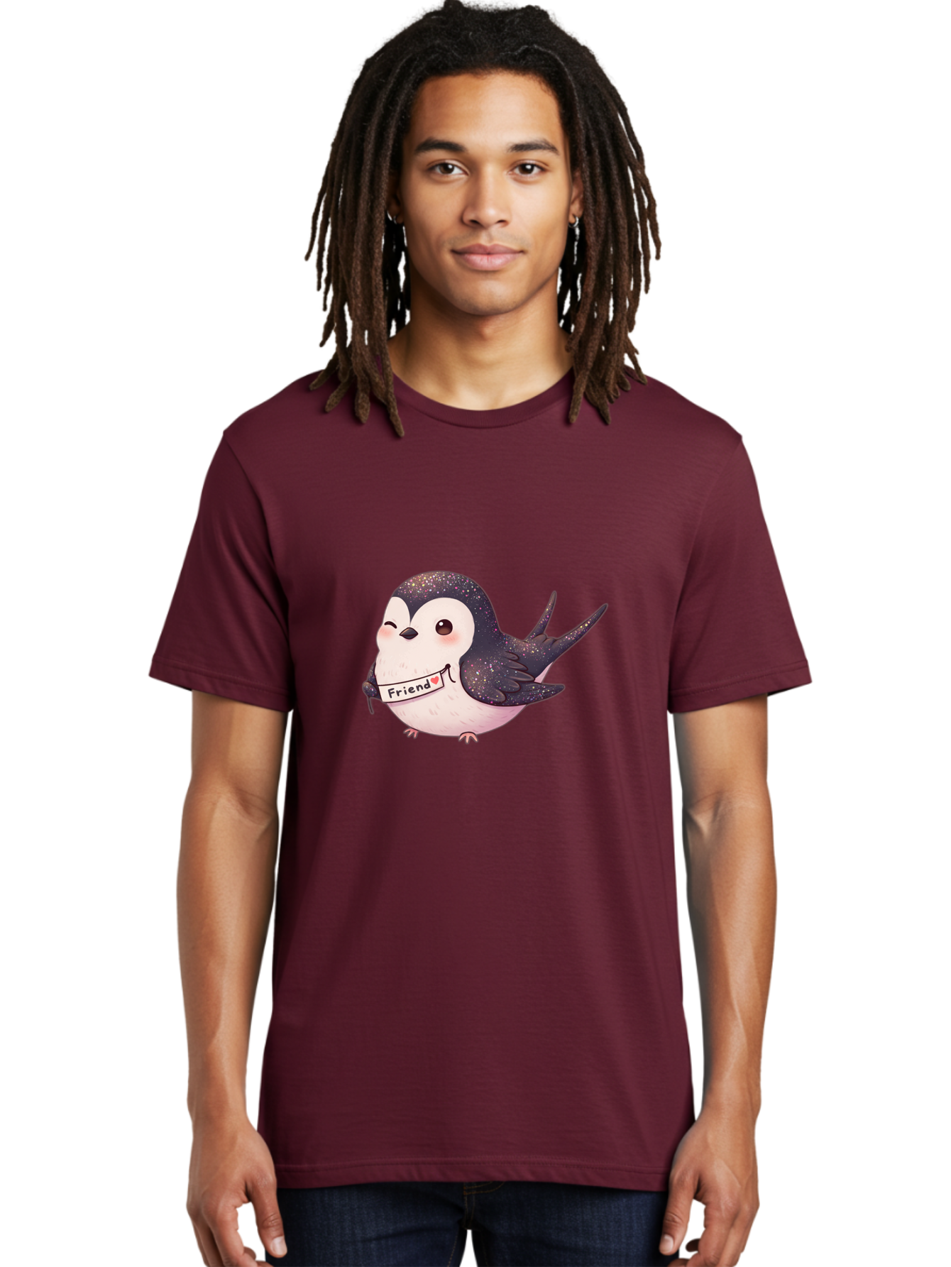 Friend Men'S Graphic Tee, 100% Cotton, Comfortable Casual Summer Wear, Machine Washable, Cartoon Bird, Friendship Symbol, Cute Animal, Bird Holding Sign, Sweet Gesture, Friendship Gift, Friendship Card, Adorable Illustration, Friendship Theme, Bae182