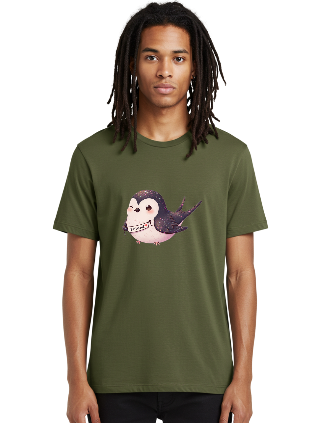 Friend Men'S Graphic Tee, 100% Cotton, Comfortable Casual Summer Wear, Machine Washable, Cartoon Bird, Friendship Symbol, Cute Animal, Bird Holding Sign, Sweet Gesture, Friendship Gift, Friendship Card, Adorable Illustration, Friendship Theme, Bae182