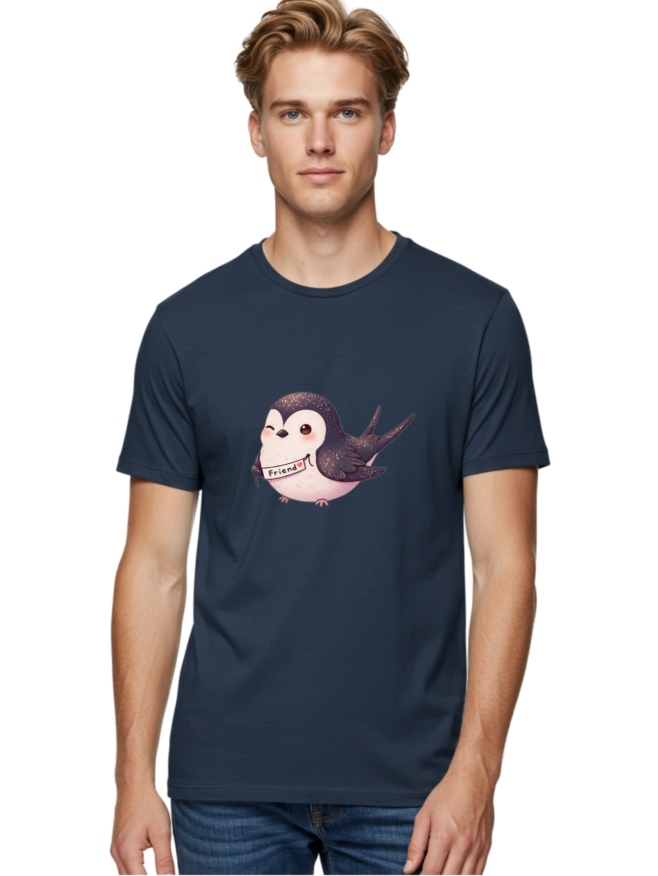 Friend Men'S Graphic Tee, 100% Cotton, Comfortable Casual Summer Wear, Machine Washable, Cartoon Bird, Friendship Symbol, Cute Animal, Bird Holding Sign, Sweet Gesture, Friendship Gift, Friendship Card, Adorable Illustration, Friendship Theme, Bae182
