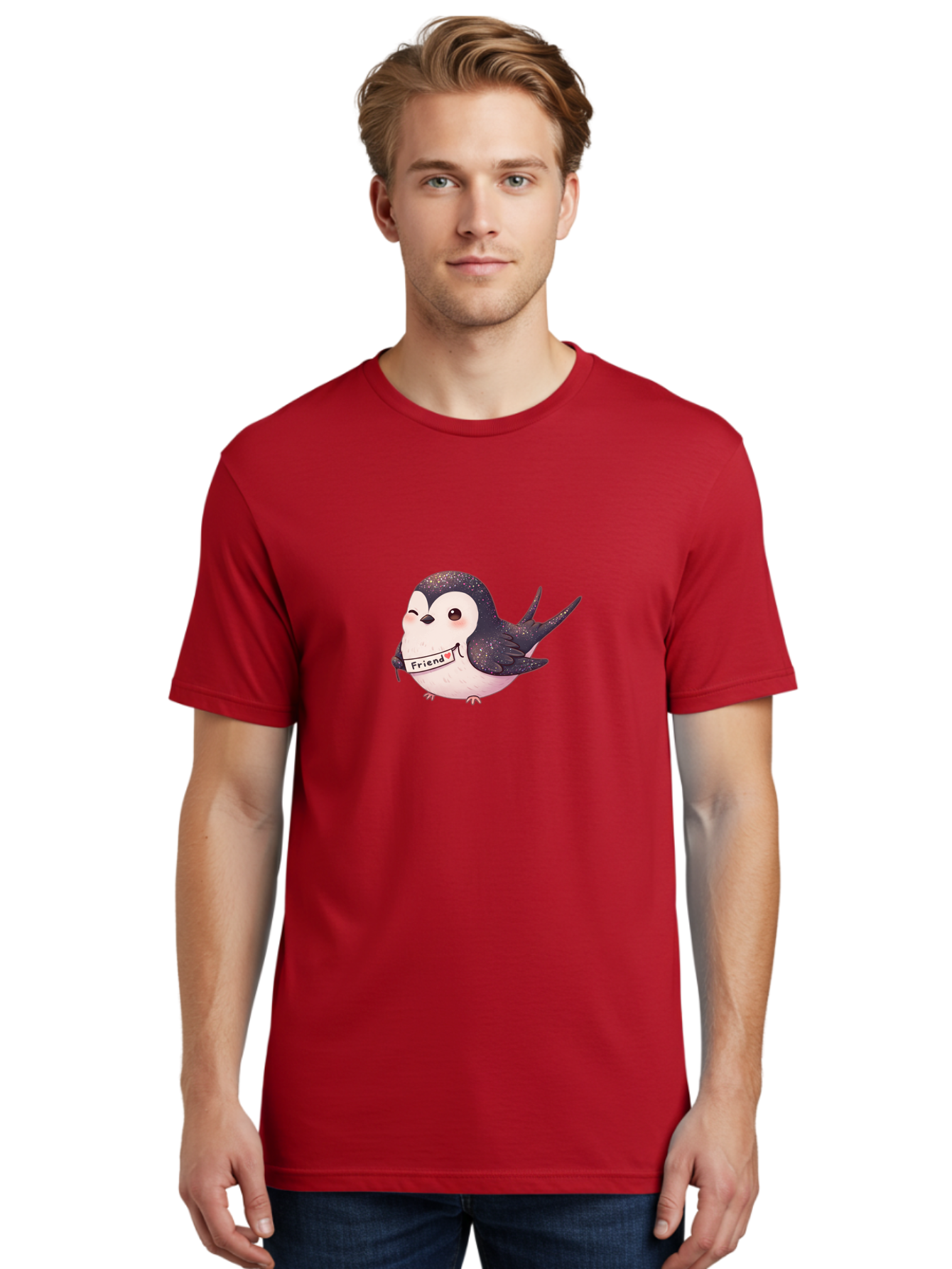Friend Men'S Graphic Tee, 100% Cotton, Comfortable Casual Summer Wear, Machine Washable, Cartoon Bird, Friendship Symbol, Cute Animal, Bird Holding Sign, Sweet Gesture, Friendship Gift, Friendship Card, Adorable Illustration, Friendship Theme, Bae182