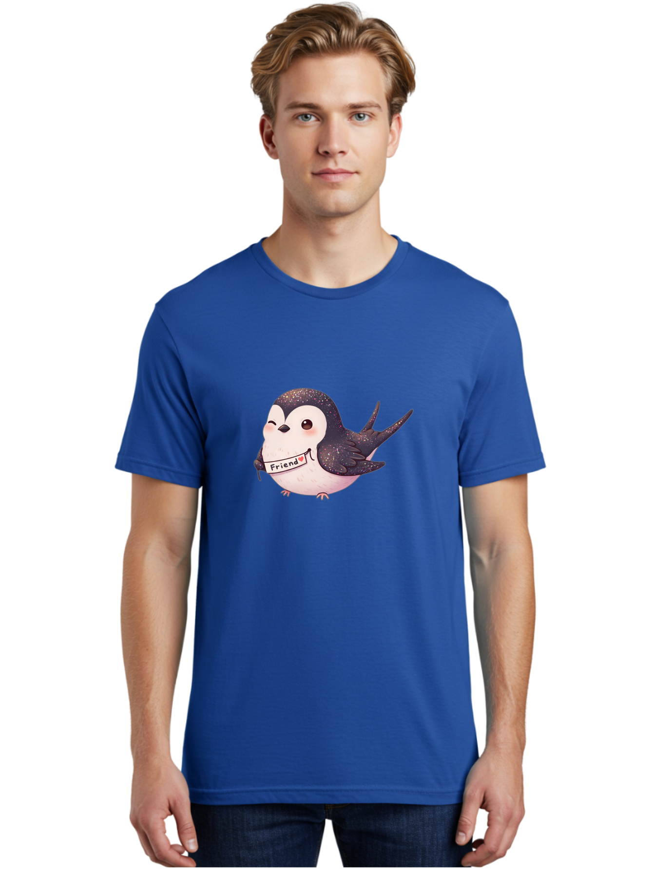 Friend Men'S Graphic Tee, 100% Cotton, Comfortable Casual Summer Wear, Machine Washable, Cartoon Bird, Friendship Symbol, Cute Animal, Bird Holding Sign, Sweet Gesture, Friendship Gift, Friendship Card, Adorable Illustration, Friendship Theme, Bae182
