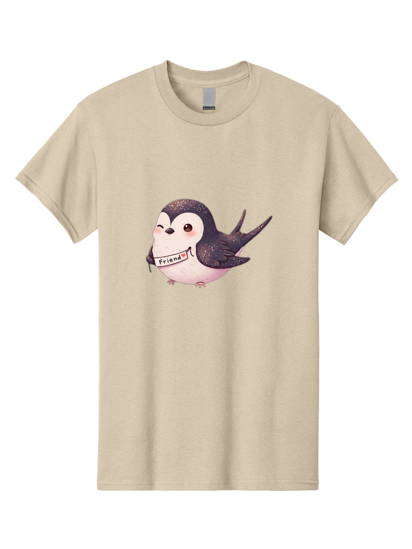 Friend Men'S Graphic Tee, 100% Cotton, Comfortable Casual Summer Wear, Machine Washable, Cartoon Bird, Friendship Symbol, Cute Animal, Bird Holding Sign, Sweet Gesture, Friendship Gift, Friendship Card, Adorable Illustration, Friendship Theme, Bae182