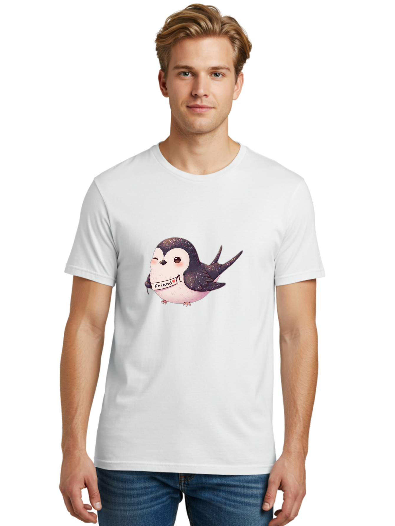 Friend Men'S Graphic Tee, 100% Cotton, Comfortable Casual Summer Wear, Machine Washable, Cartoon Bird, Friendship Symbol, Cute Animal, Bird Holding Sign, Sweet Gesture, Friendship Gift, Friendship Card, Adorable Illustration, Friendship Theme, Bae182