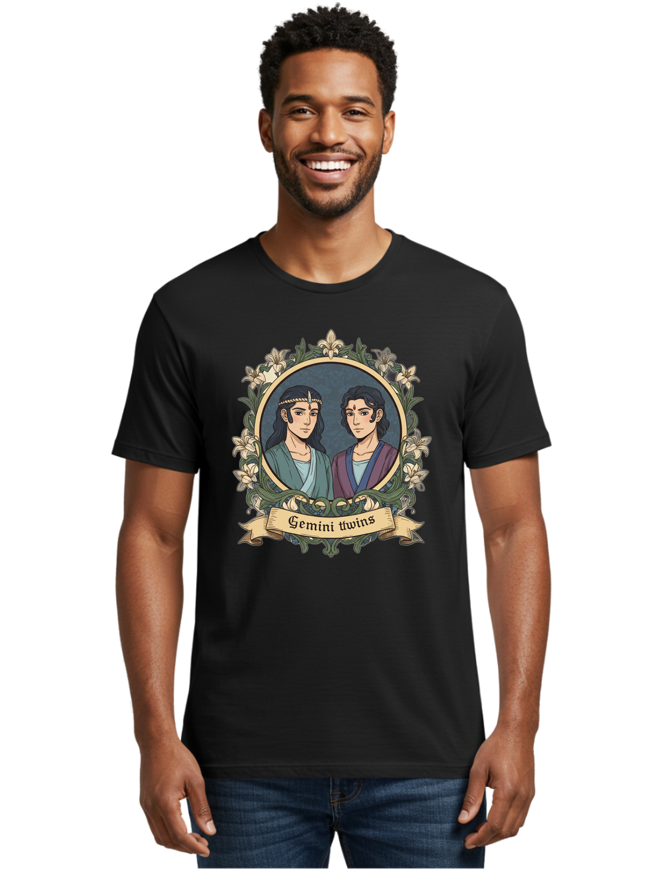 Gemini-Twins Men'S Graphic Tee, 100% Cotton, Comfortable Casual Summer Wear, Machine Washable, Gemini Twins, Astrological Sign, Zodiac Illustration, Twin Representation, Floral Wreath, Elegant Design, Symbolic Artwork, Mystical Symbols, Bae183