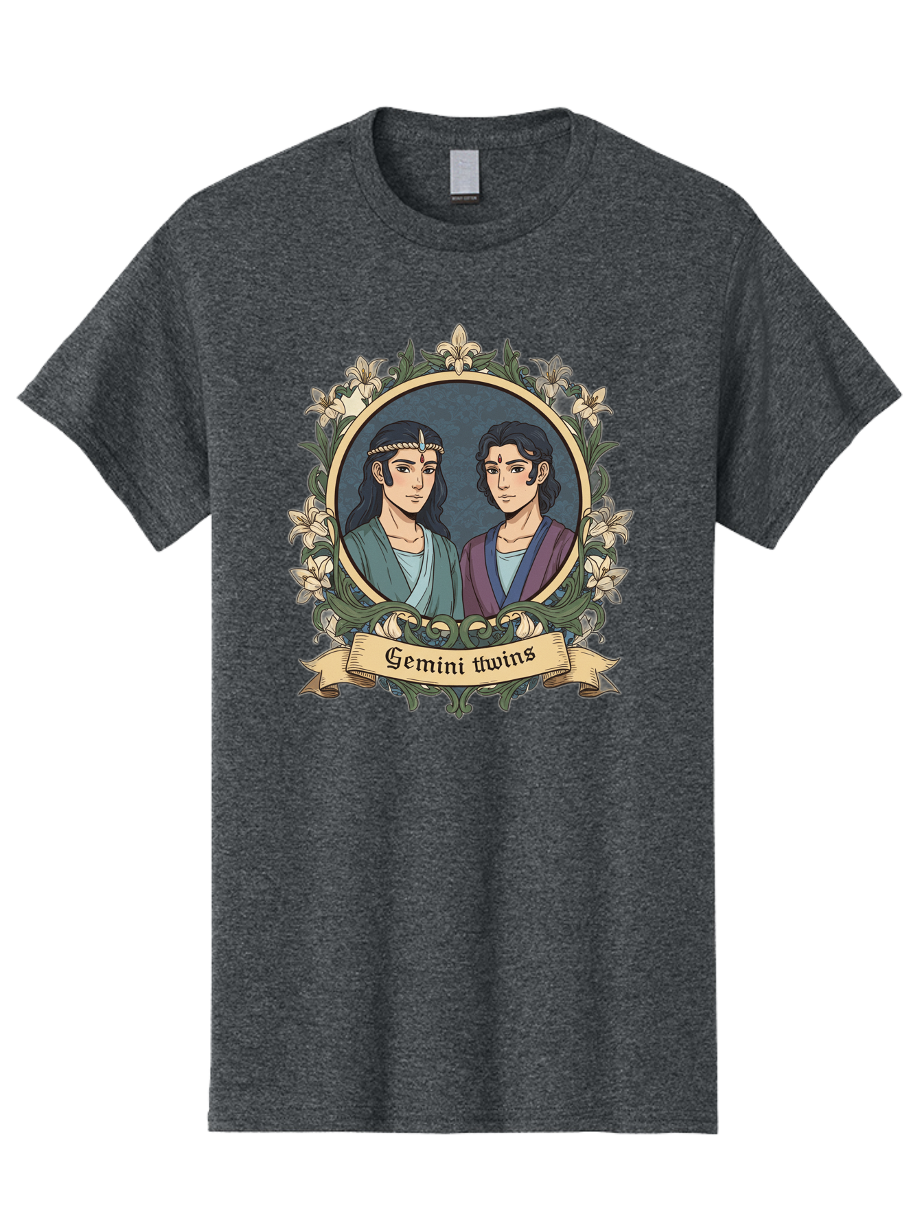 Gemini-Twins Men'S Graphic Tee, 100% Cotton, Comfortable Casual Summer Wear, Machine Washable, Gemini Twins, Astrological Sign, Zodiac Illustration, Twin Representation, Floral Wreath, Elegant Design, Symbolic Artwork, Mystical Symbols, Bae183