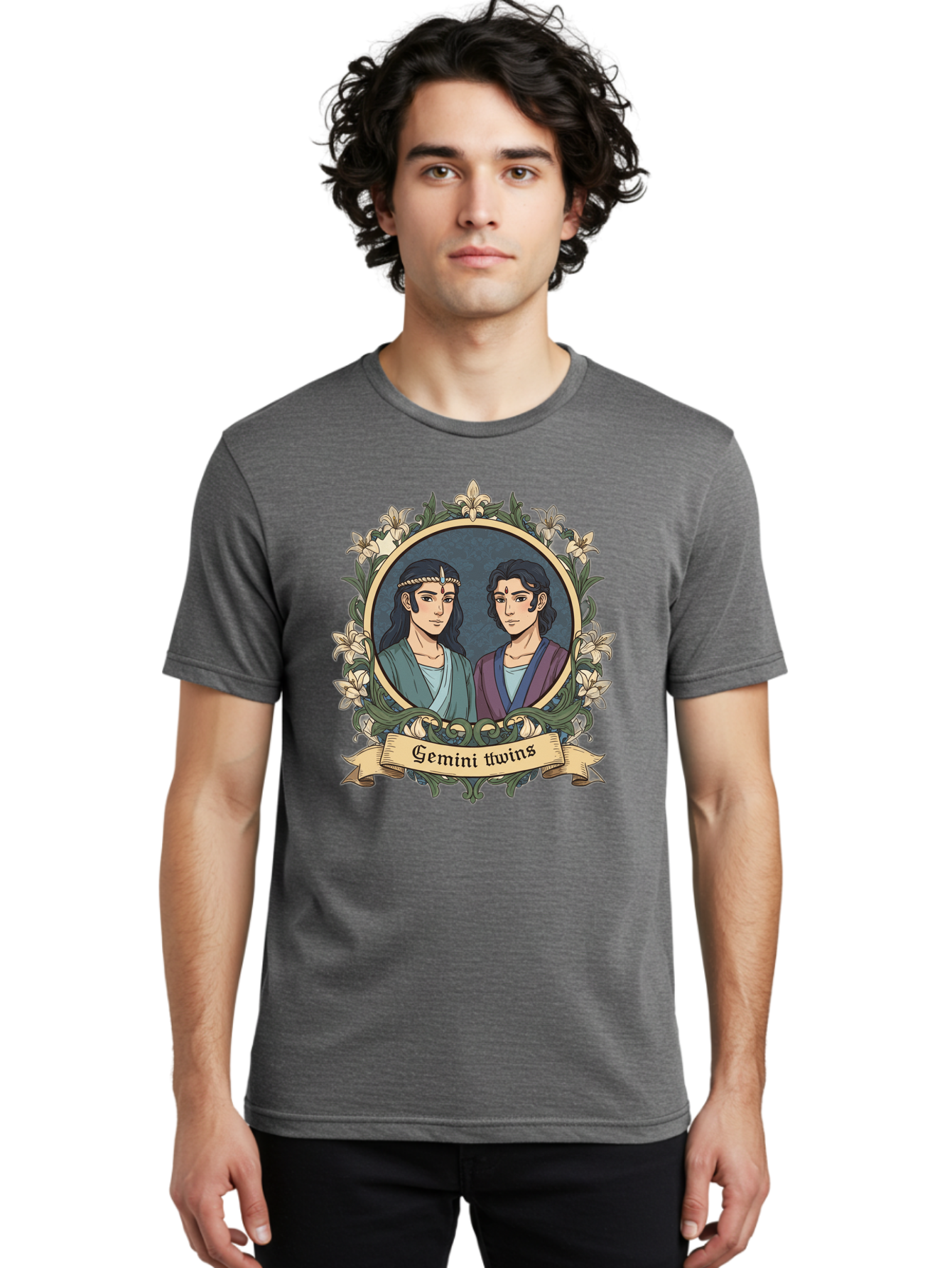 Gemini-Twins Men'S Graphic Tee, 100% Cotton, Comfortable Casual Summer Wear, Machine Washable, Gemini Twins, Astrological Sign, Zodiac Illustration, Twin Representation, Floral Wreath, Elegant Design, Symbolic Artwork, Mystical Symbols, Bae183
