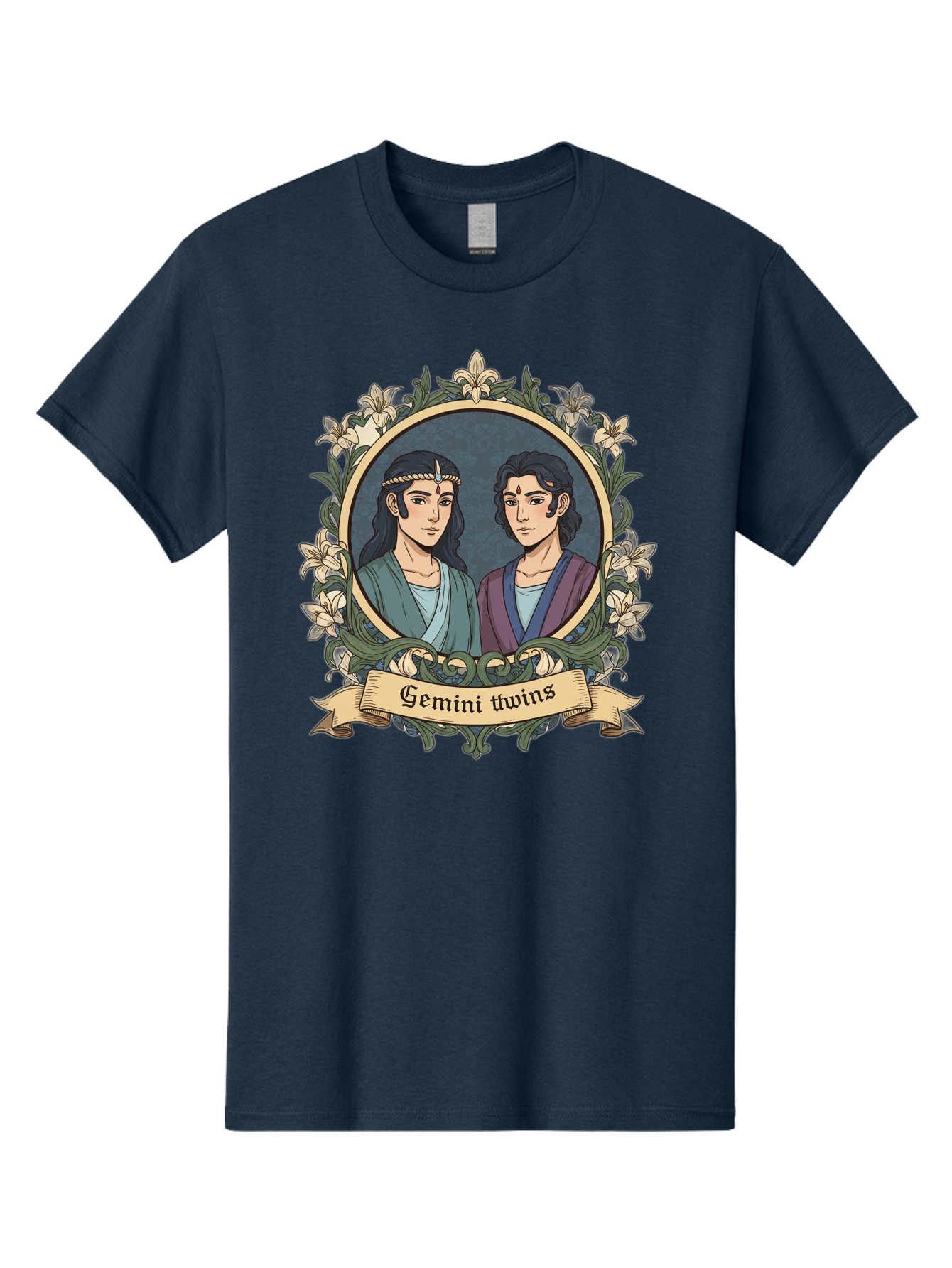 Gemini-Twins Men'S Graphic Tee, 100% Cotton, Comfortable Casual Summer Wear, Machine Washable, Gemini Twins, Astrological Sign, Zodiac Illustration, Twin Representation, Floral Wreath, Elegant Design, Symbolic Artwork, Mystical Symbols, Bae183